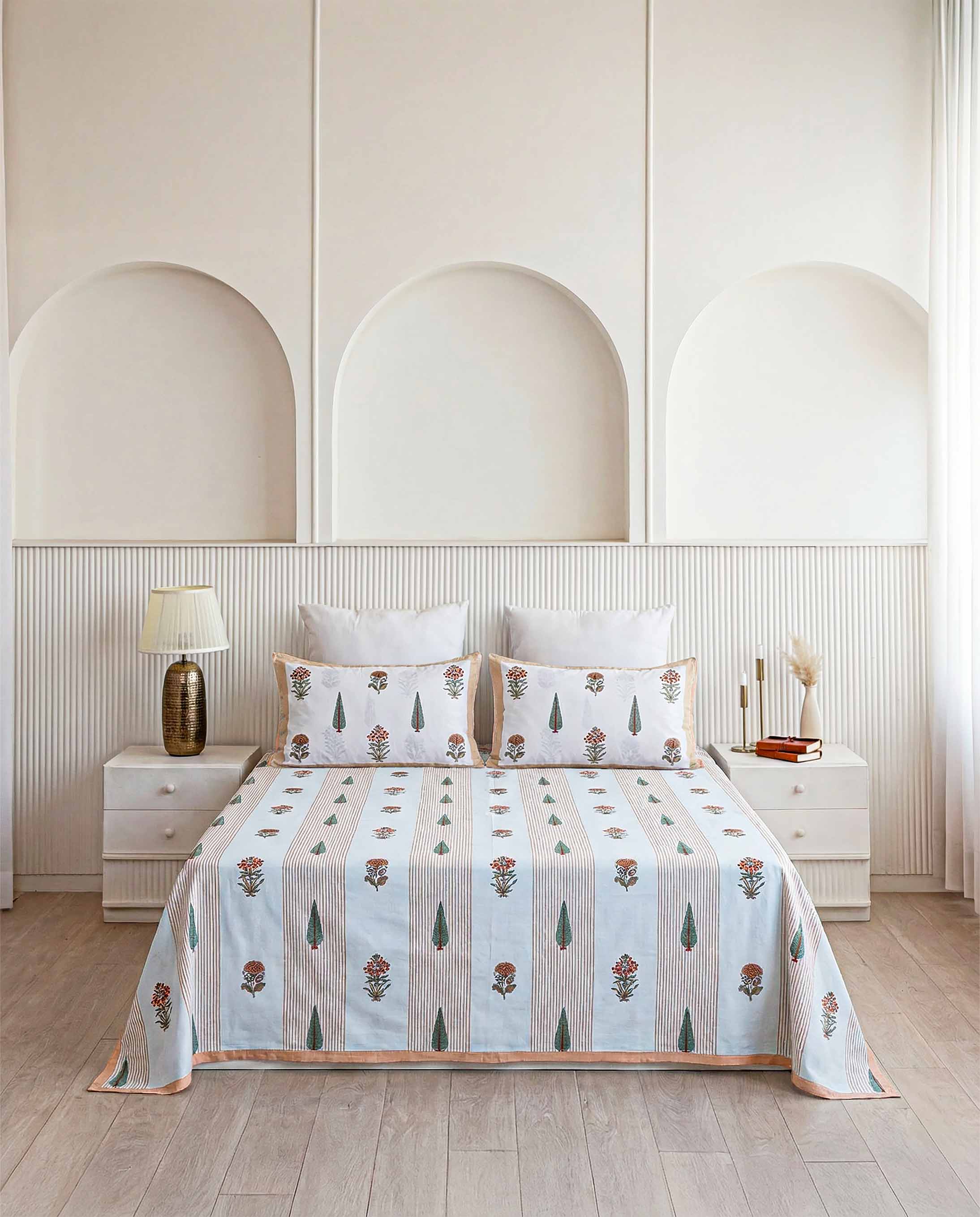 Rust & Green Striped Motif Pure Cotton Double Bedsheet