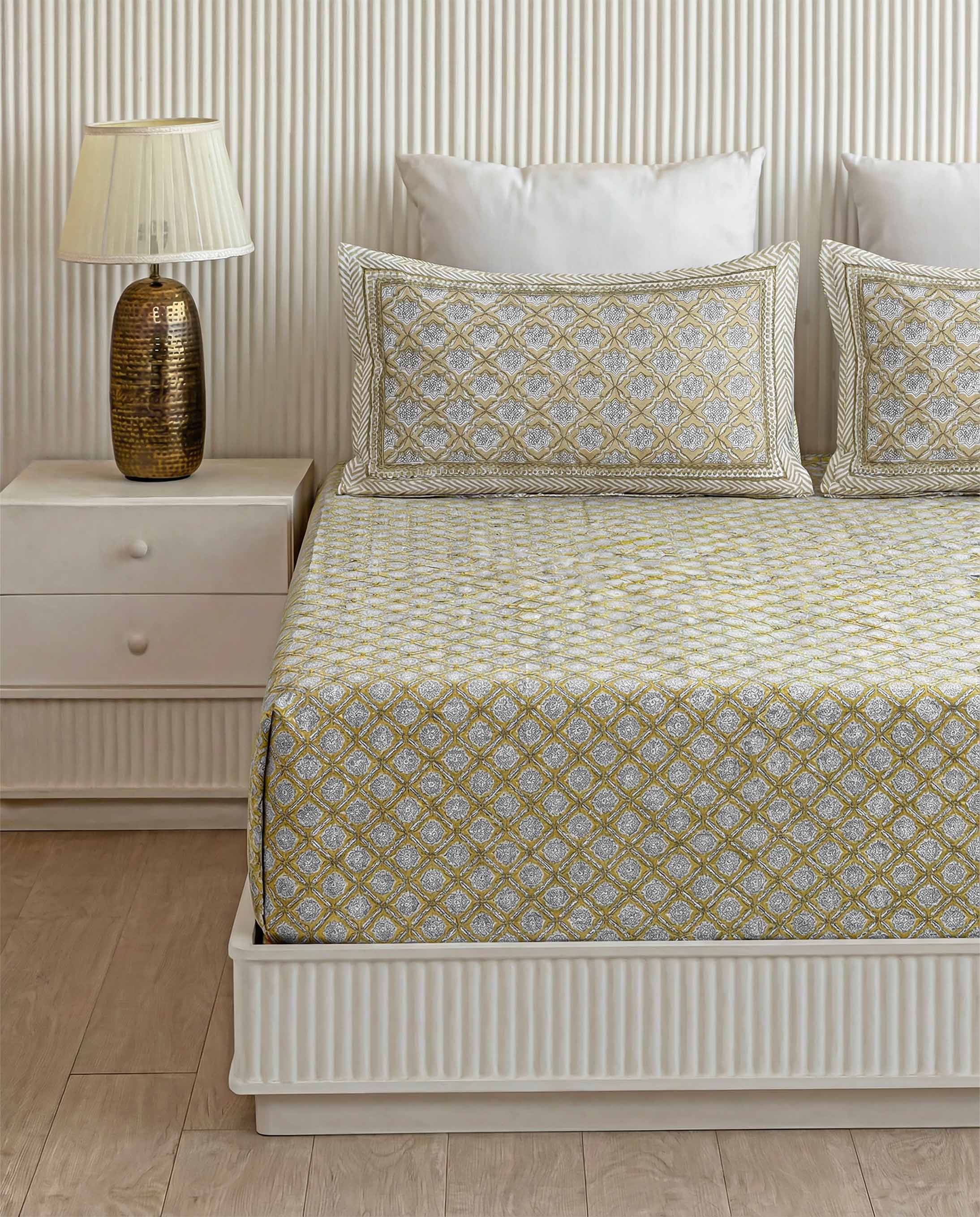 Mustard & Grey Geometric Trellis Pure Cotton Double Bedsheet