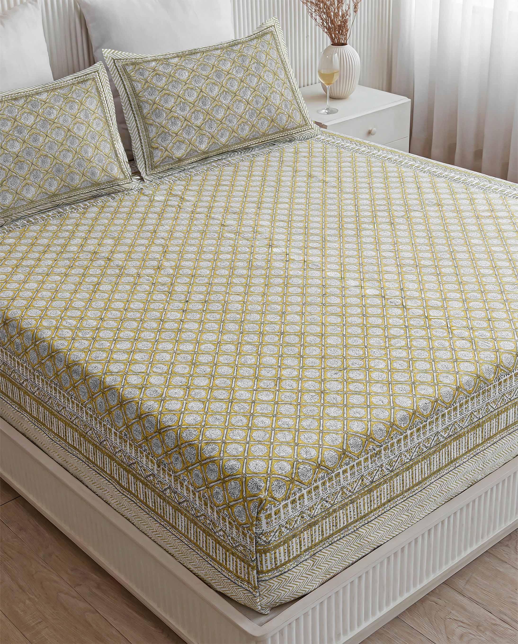 Mustard & Grey Geometric Trellis Pure Cotton Double Bedsheet