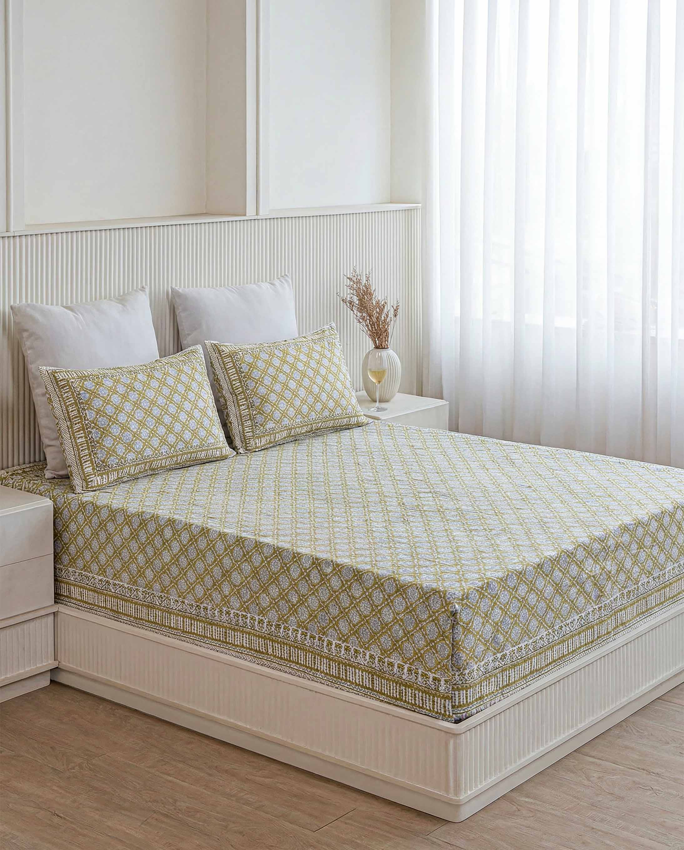 Mustard & Grey Geometric Trellis Pure Cotton Double Bedsheet