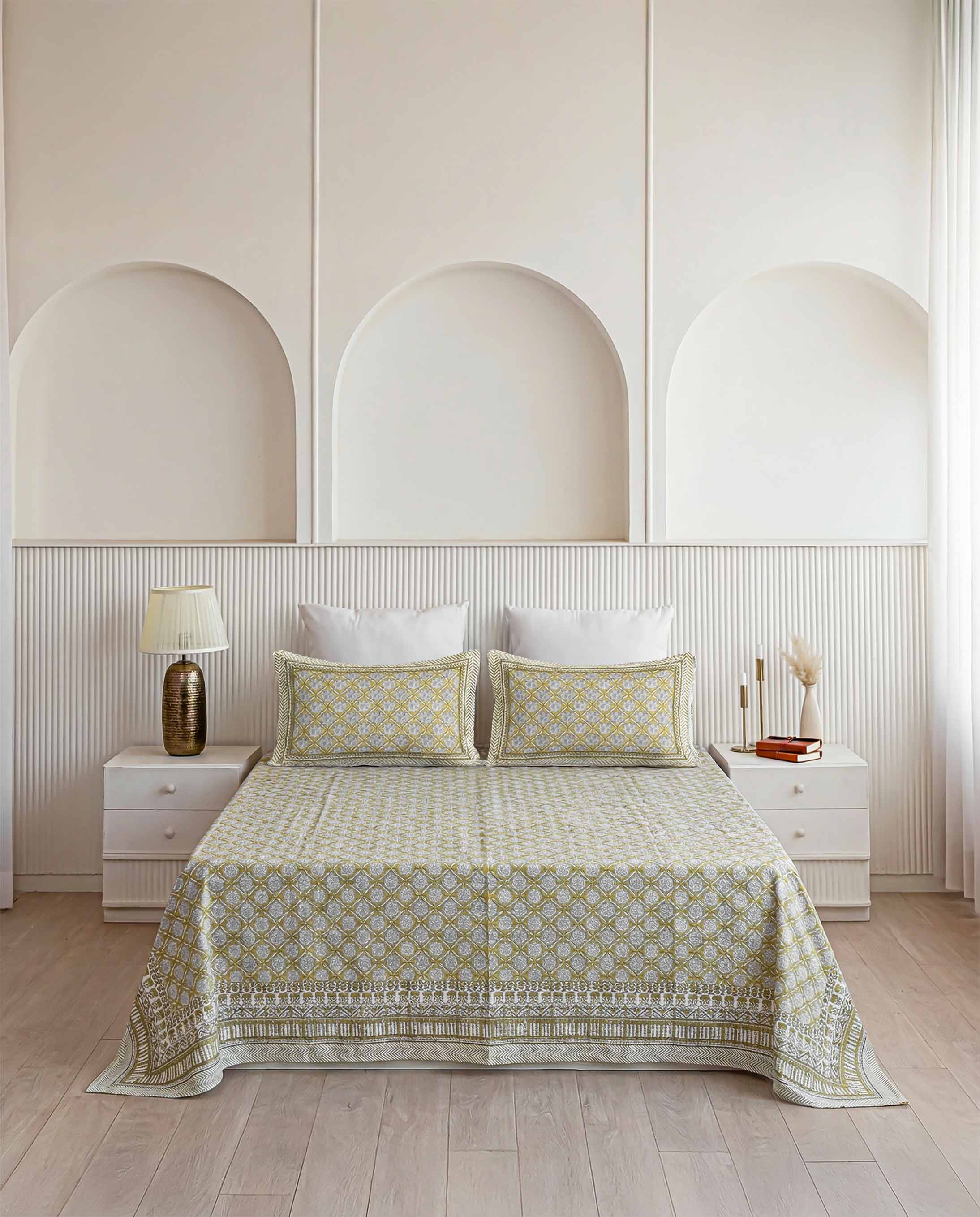 Mustard & Grey Geometric Trellis Pure Cotton Double Bedsheet