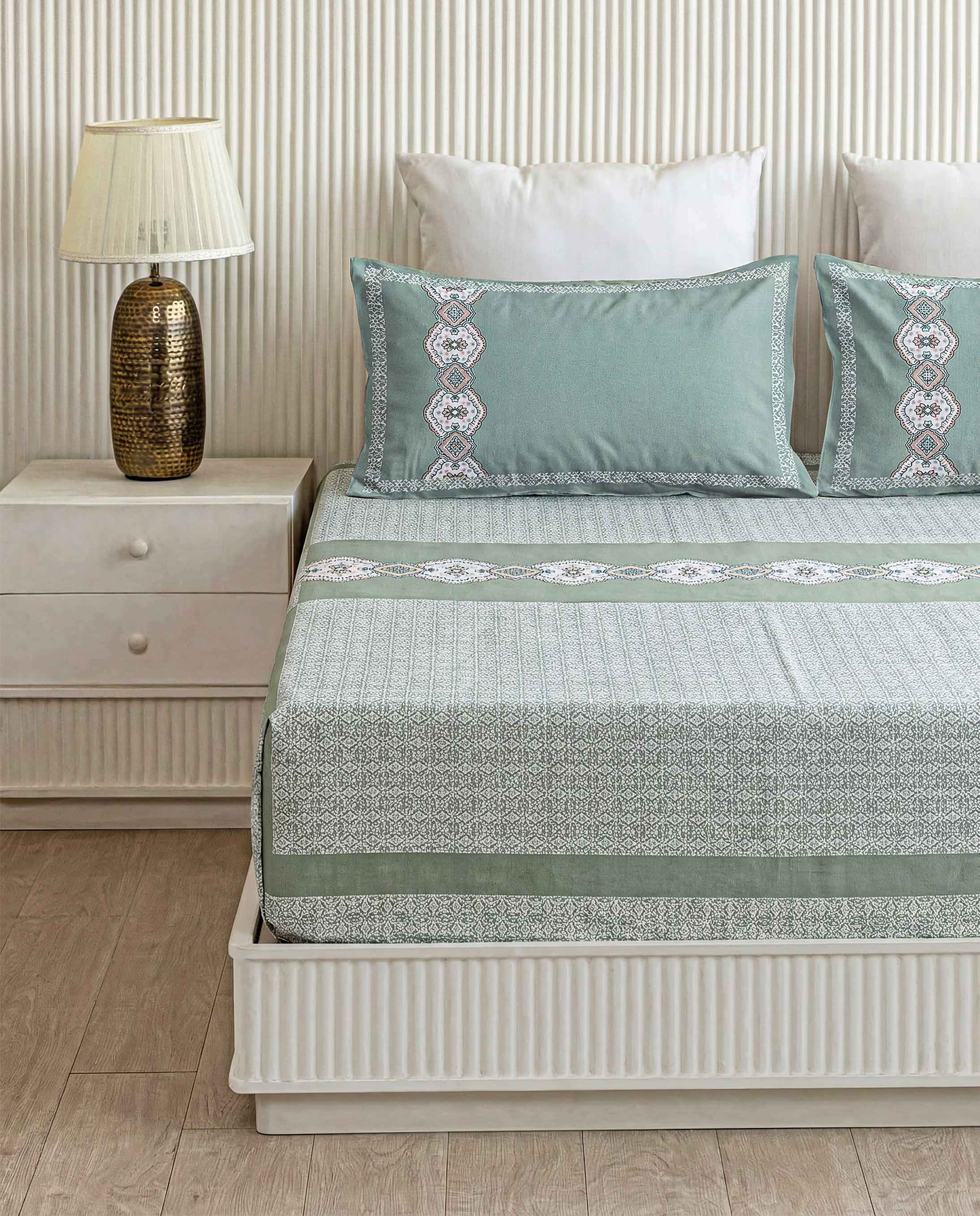 Sage Green Medallion Band Pure Cotton Double Bedsheet