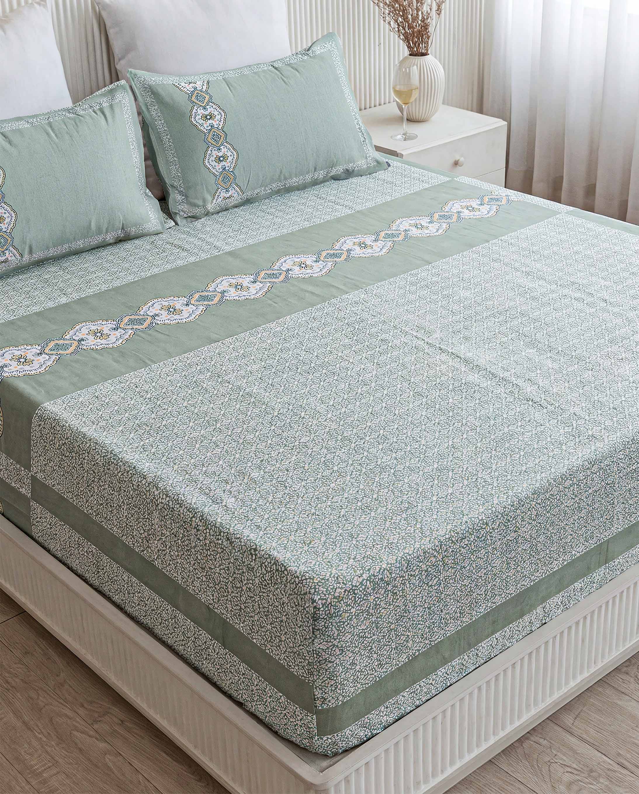 Sage Green Medallion Band Pure Cotton Double Bedsheet