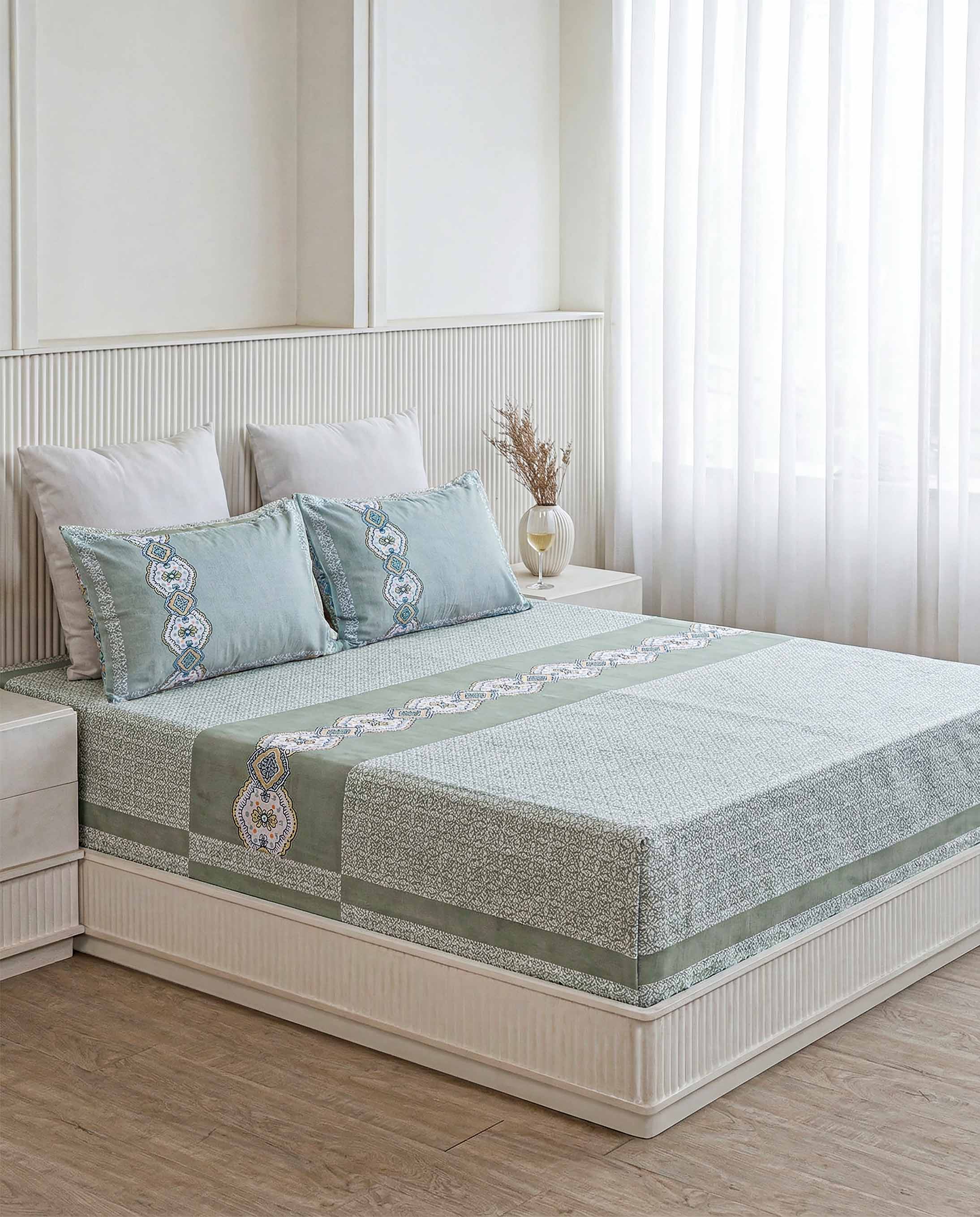 Sage Green Medallion Band Pure Cotton Double Bedsheet