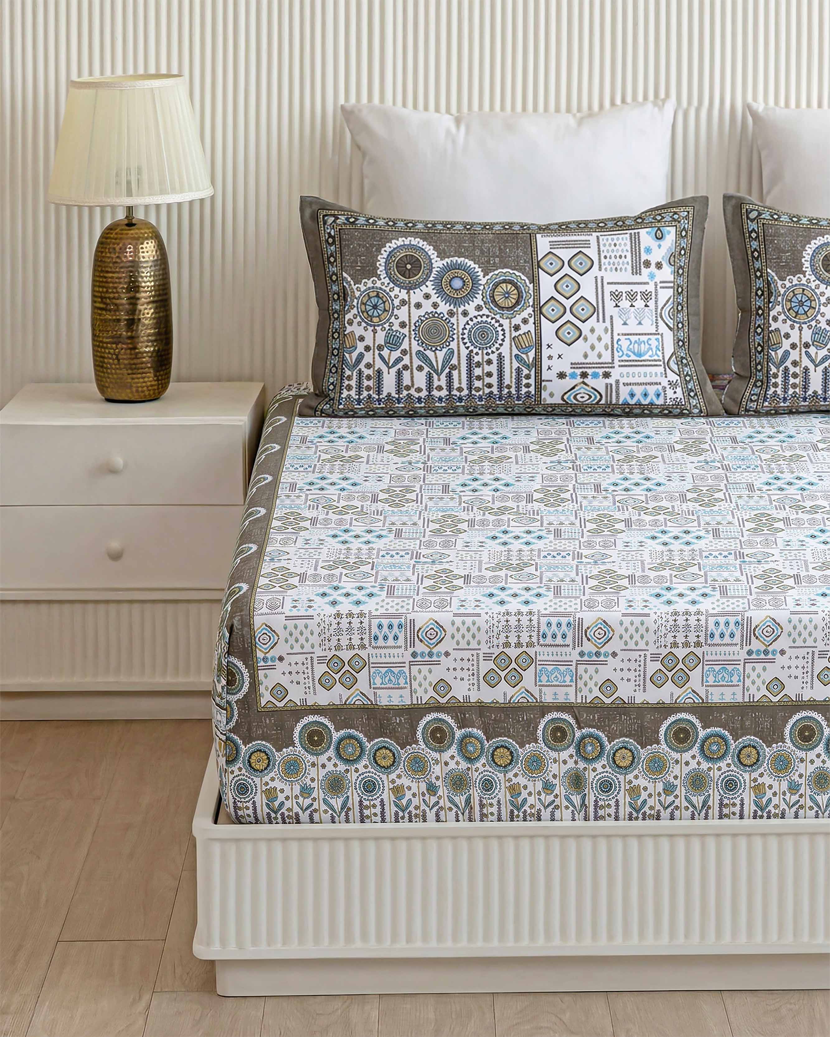 Earthy Floral Border Print Pure Cotton Double Bedsheet