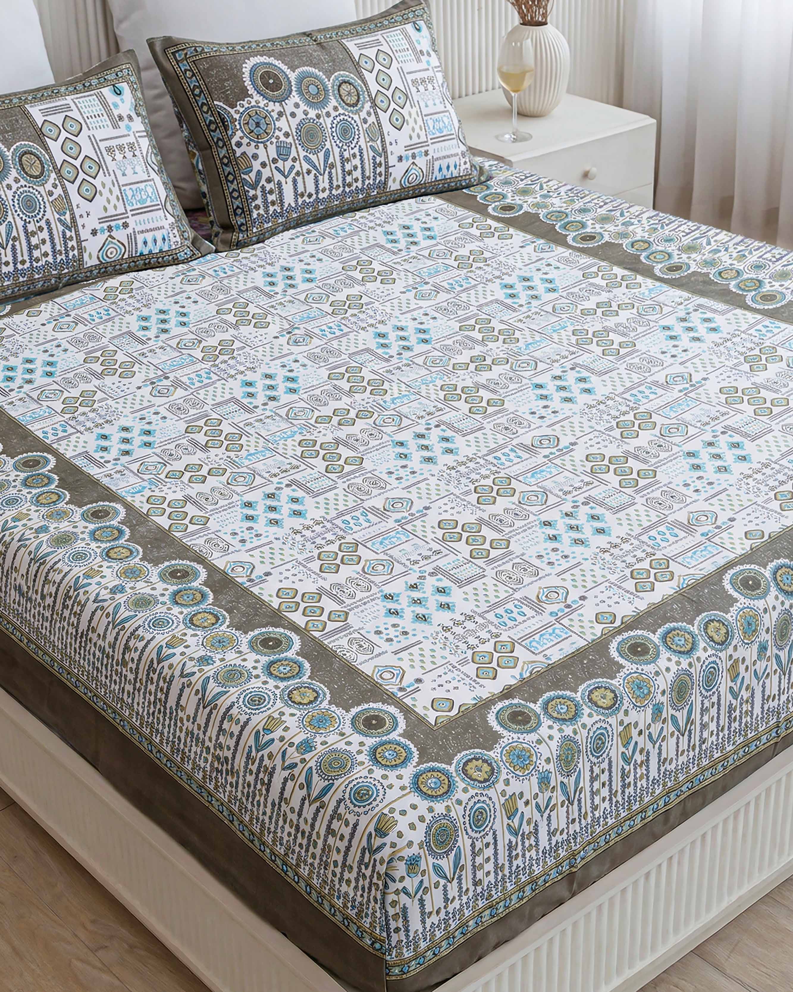 Earthy Floral Border Print Pure Cotton Double Bedsheet