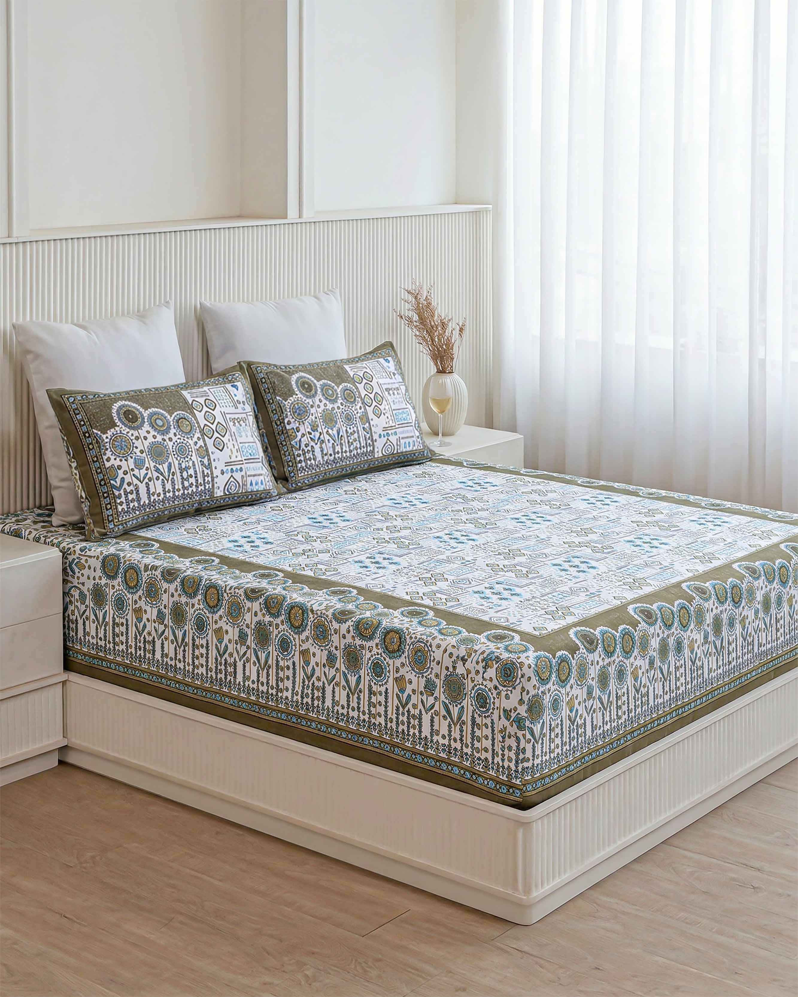 Earthy Floral Border Print Pure Cotton Double Bedsheet