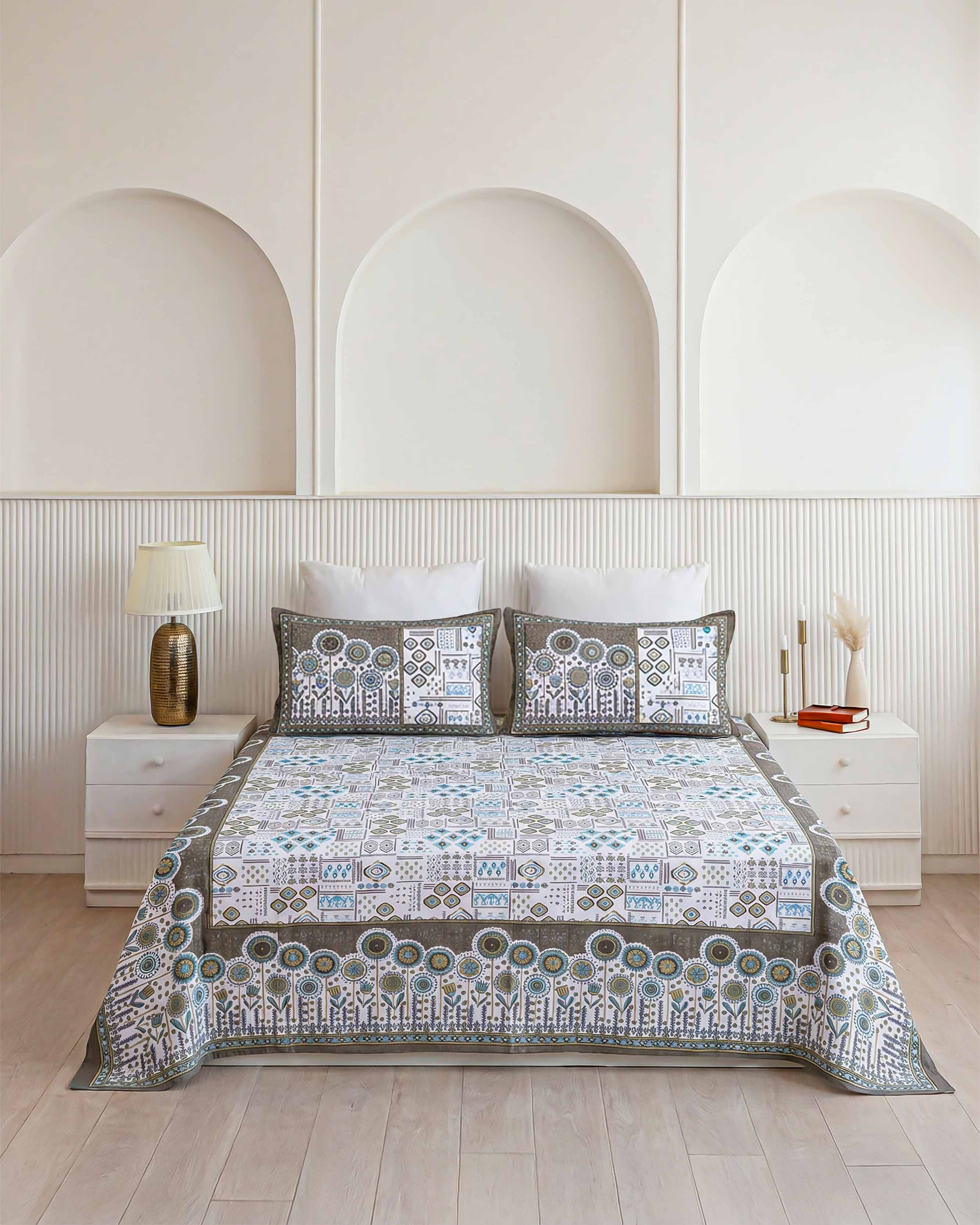 Earthy Floral Border Print Pure Cotton Double Bedsheet