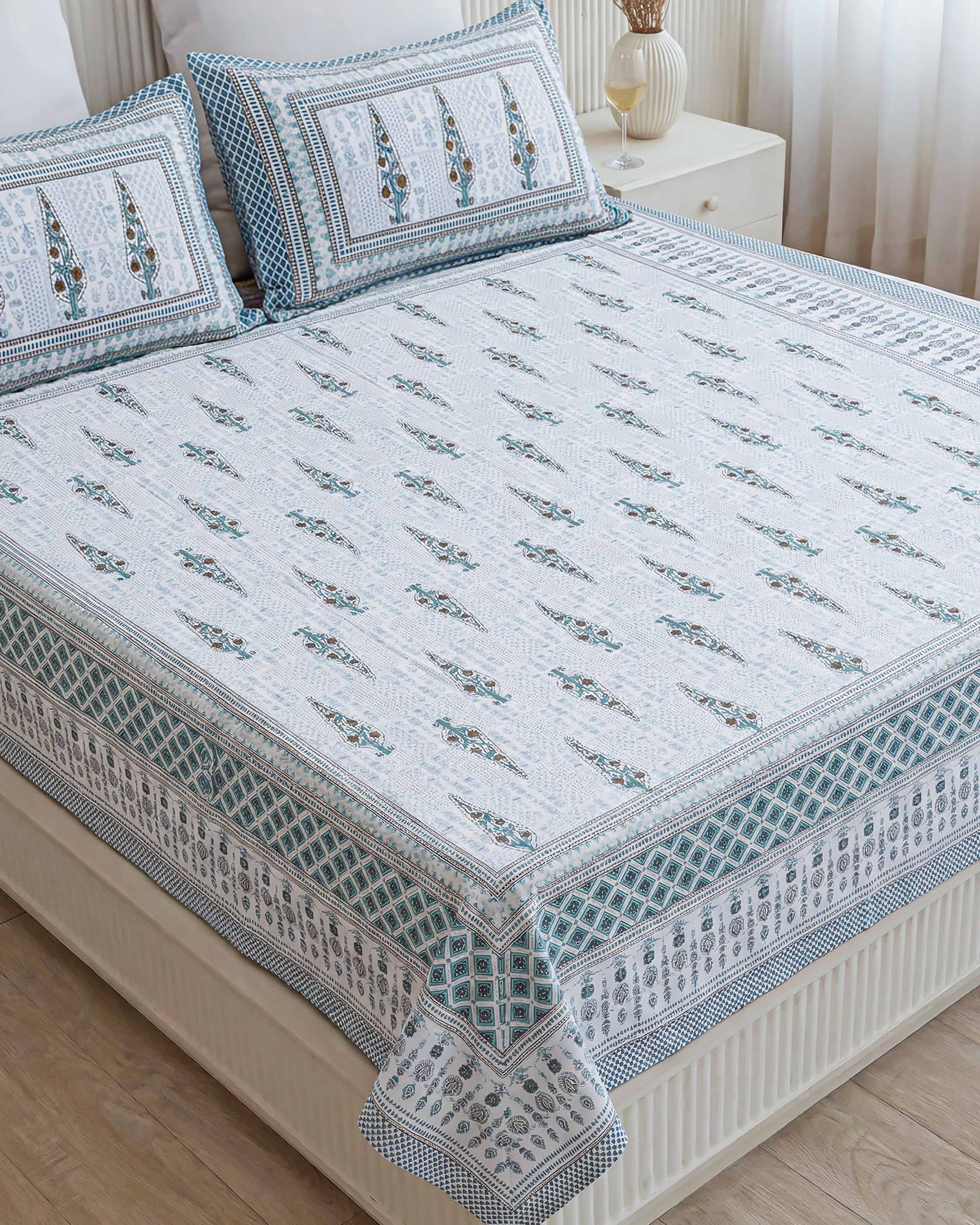 Traditional Teal Tree Motif Pure Cotton Double Bedsheet