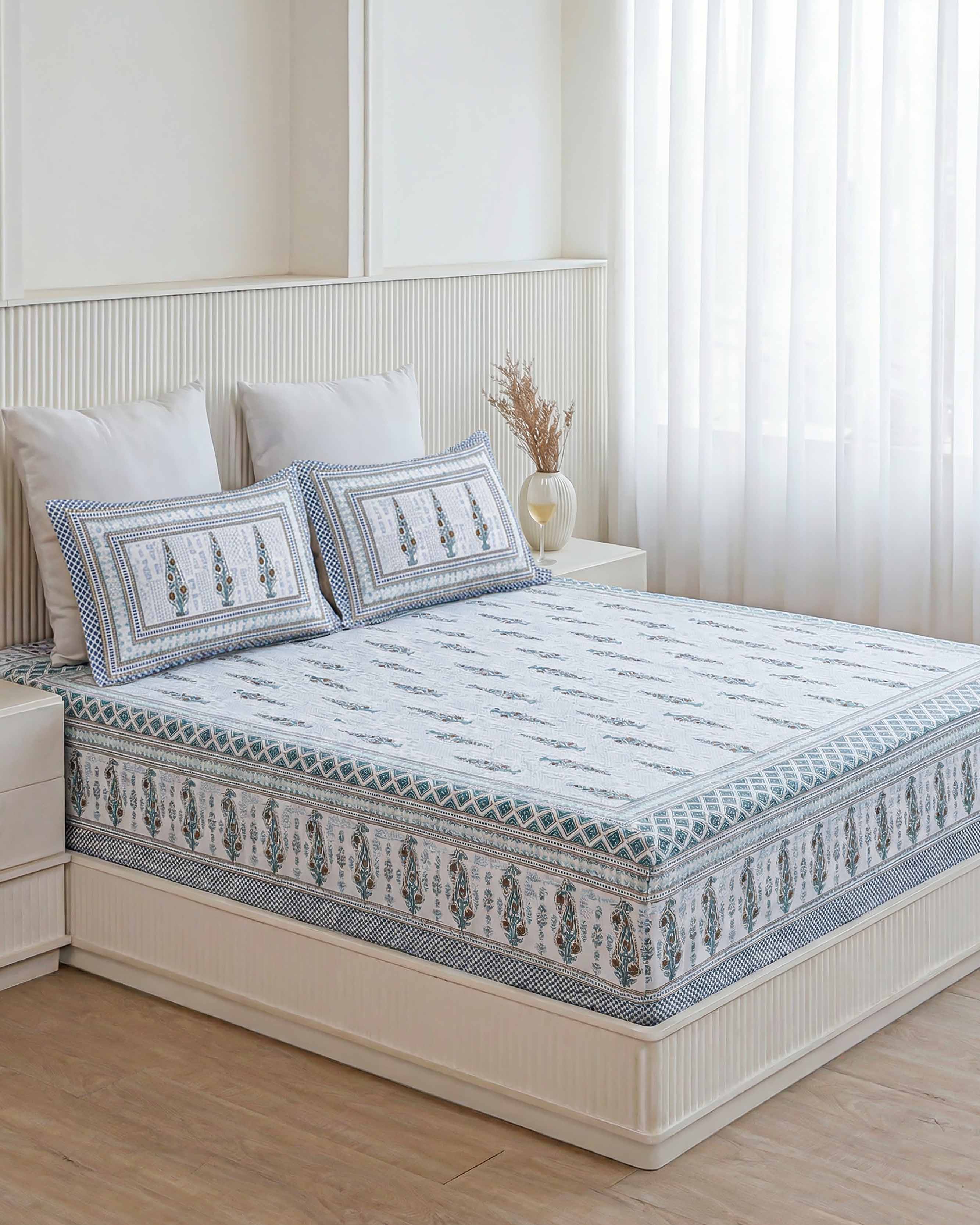 Traditional Teal Tree Motif Pure Cotton Double Bedsheet