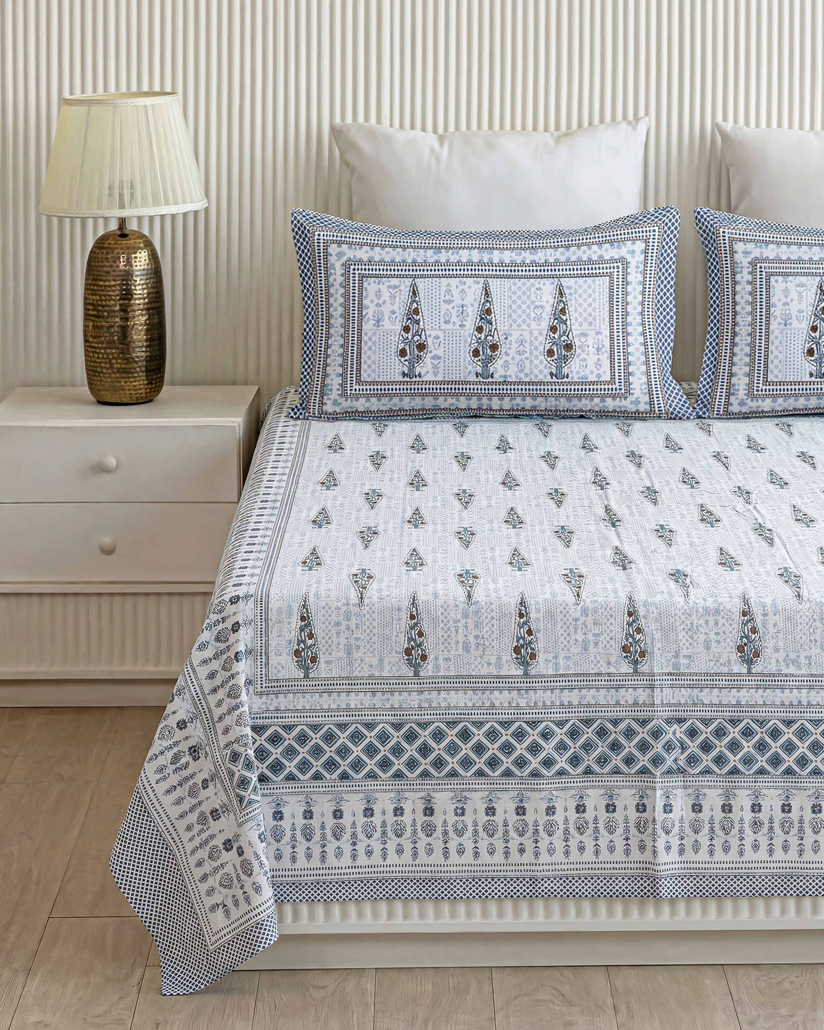 Traditional Teal Tree Motif Pure Cotton Double Bedsheet