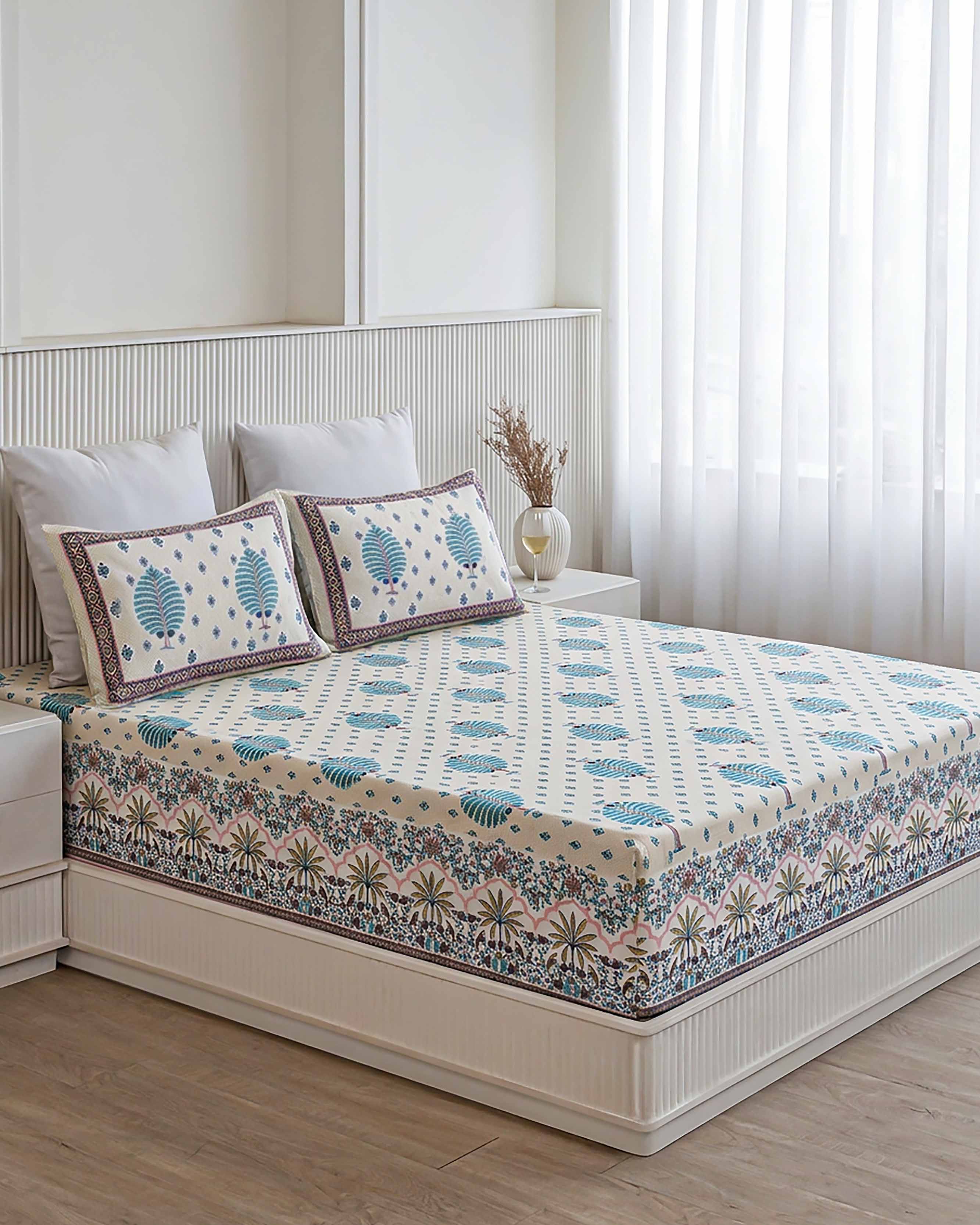 Tropical Palm and Botanical Pure Cotton Double Bedsheet