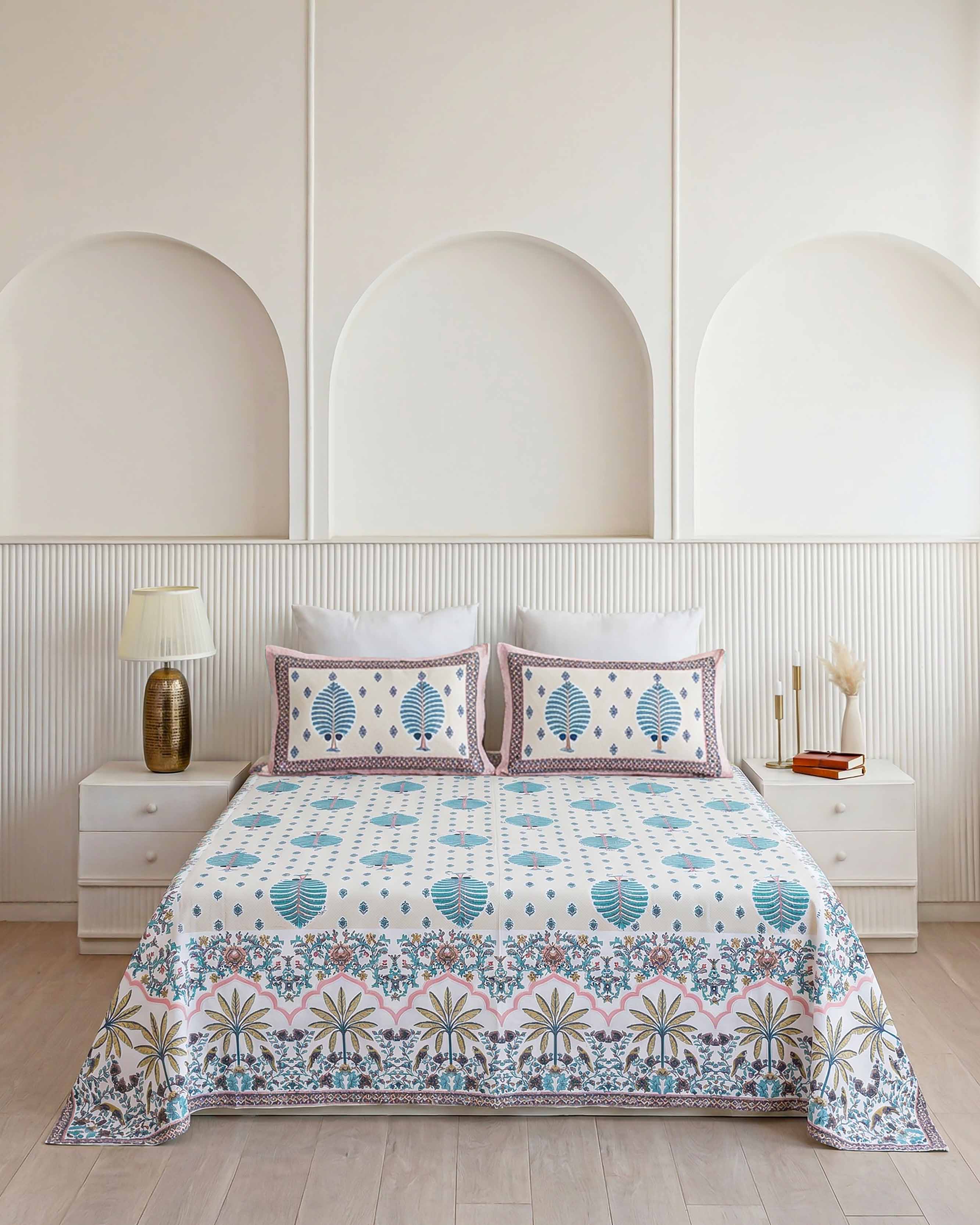 Tropical Palm and Botanical Pure Cotton Double Bedsheet