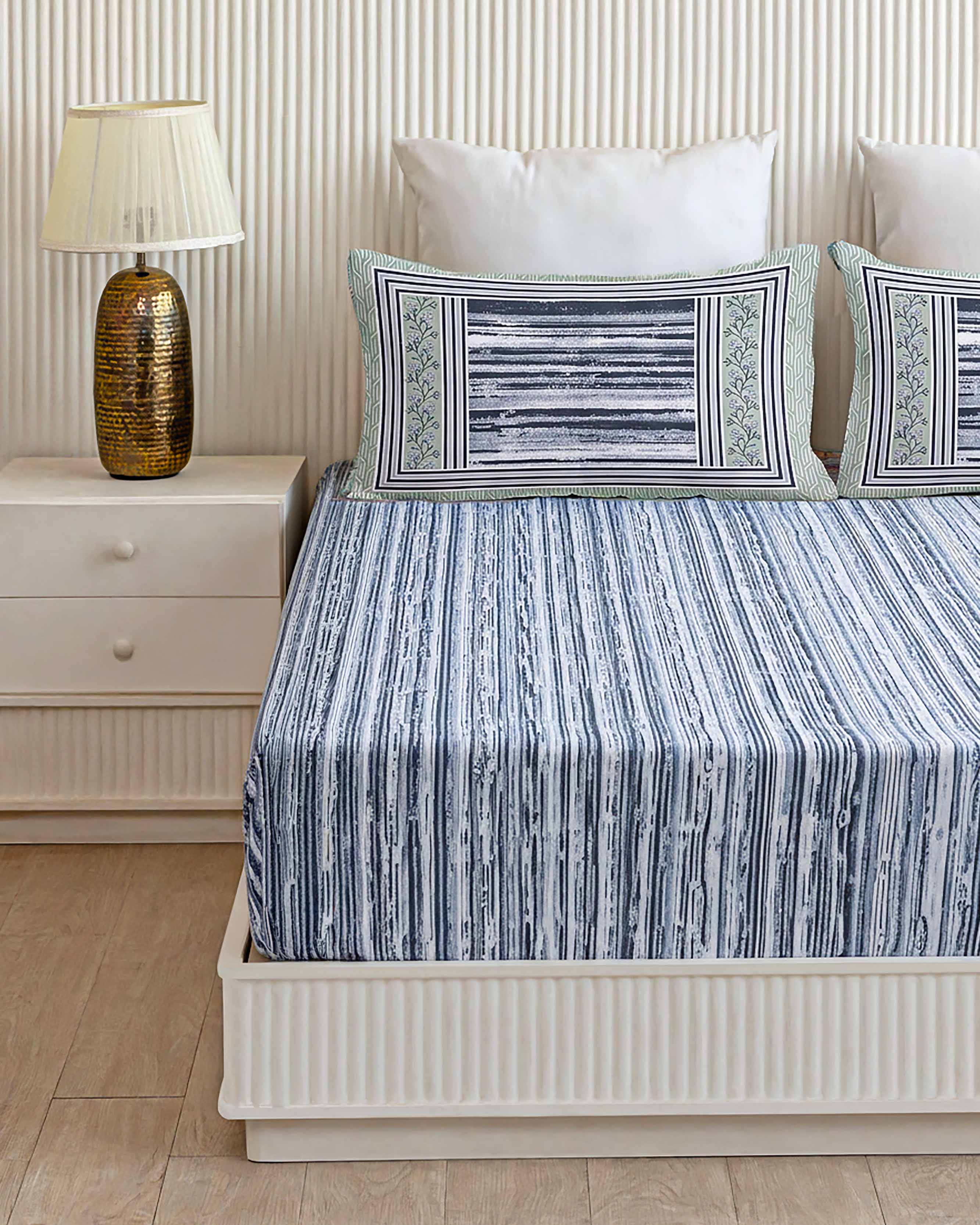 Indigo Textured Stripe Pure Cotton Double Bedsheet
