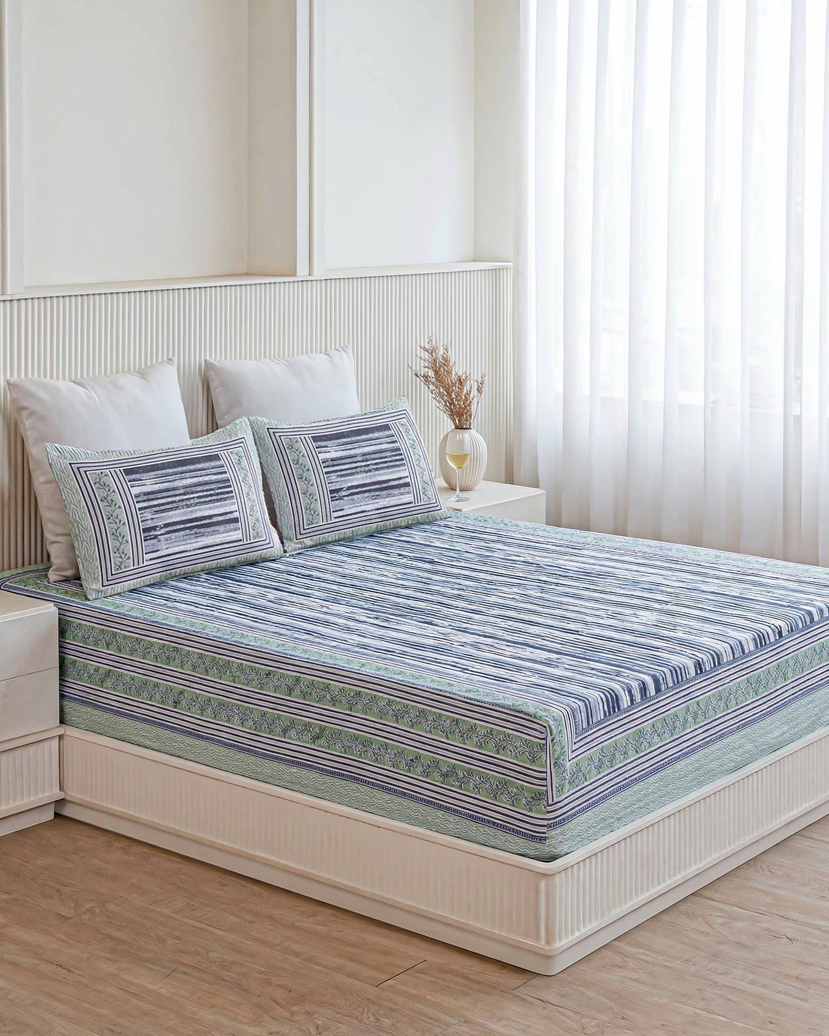 Indigo Textured Stripe Pure Cotton Double Bedsheet