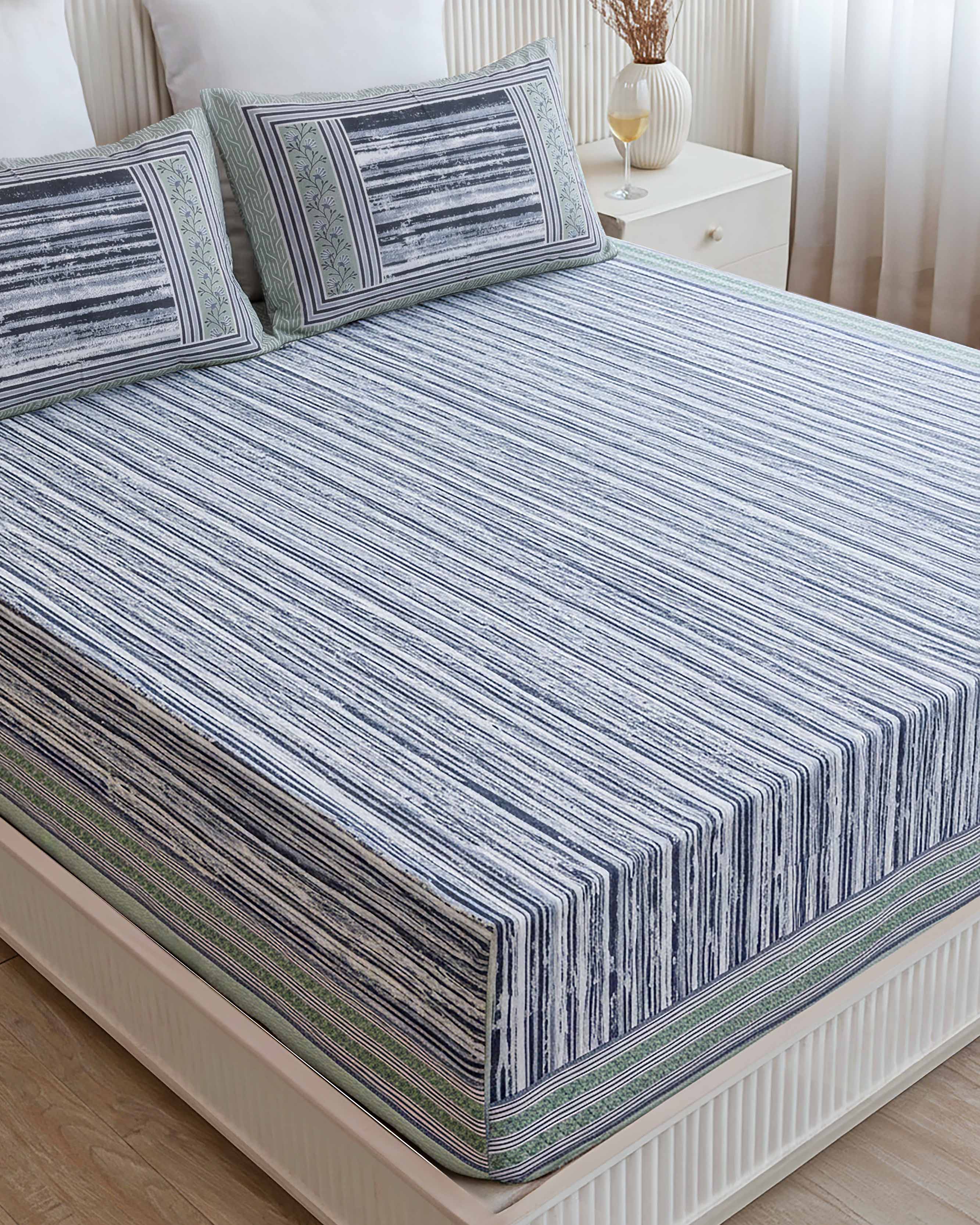 Indigo Textured Stripe Pure Cotton Double Bedsheet