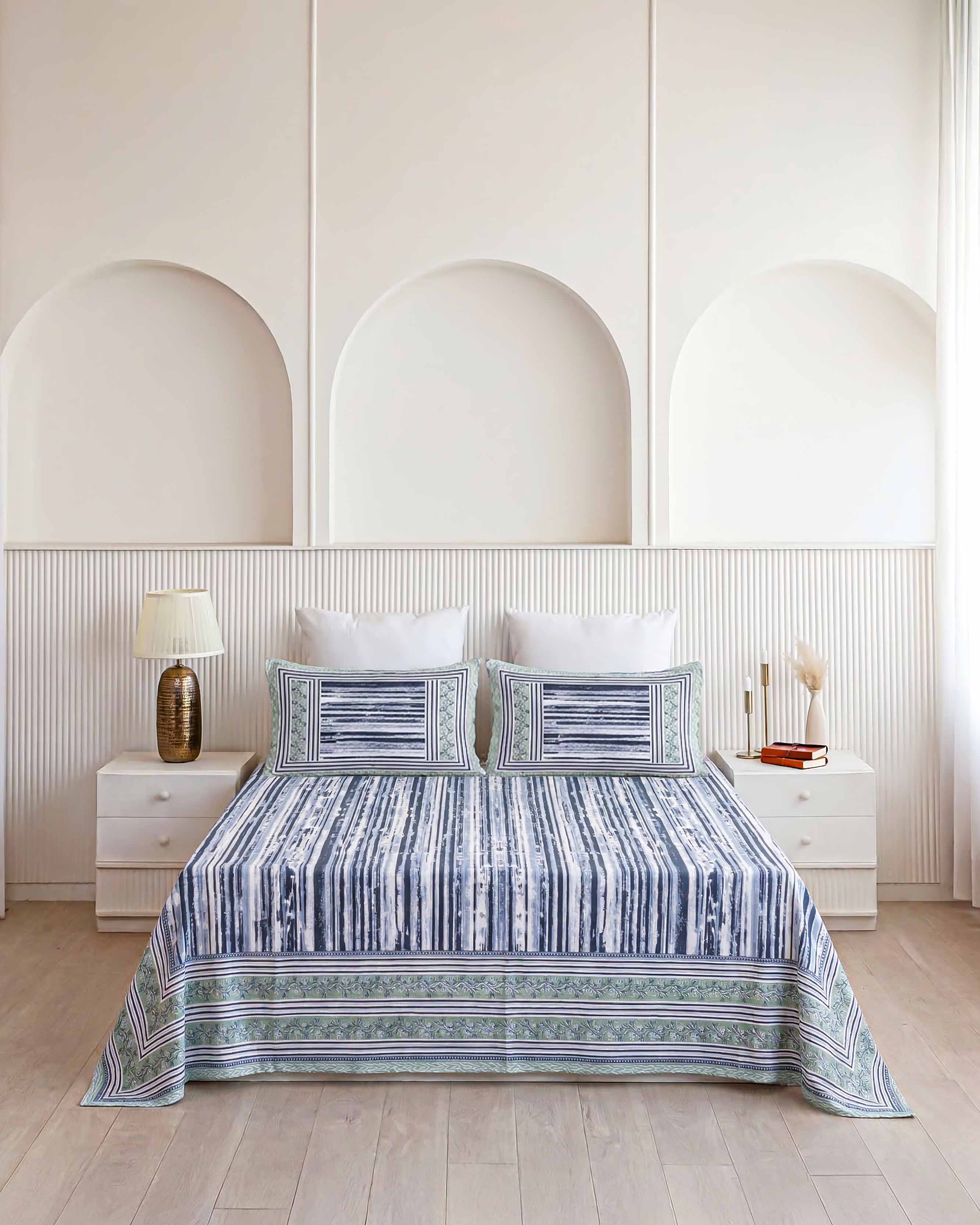 Indigo Textured Stripe Pure Cotton Double Bedsheet