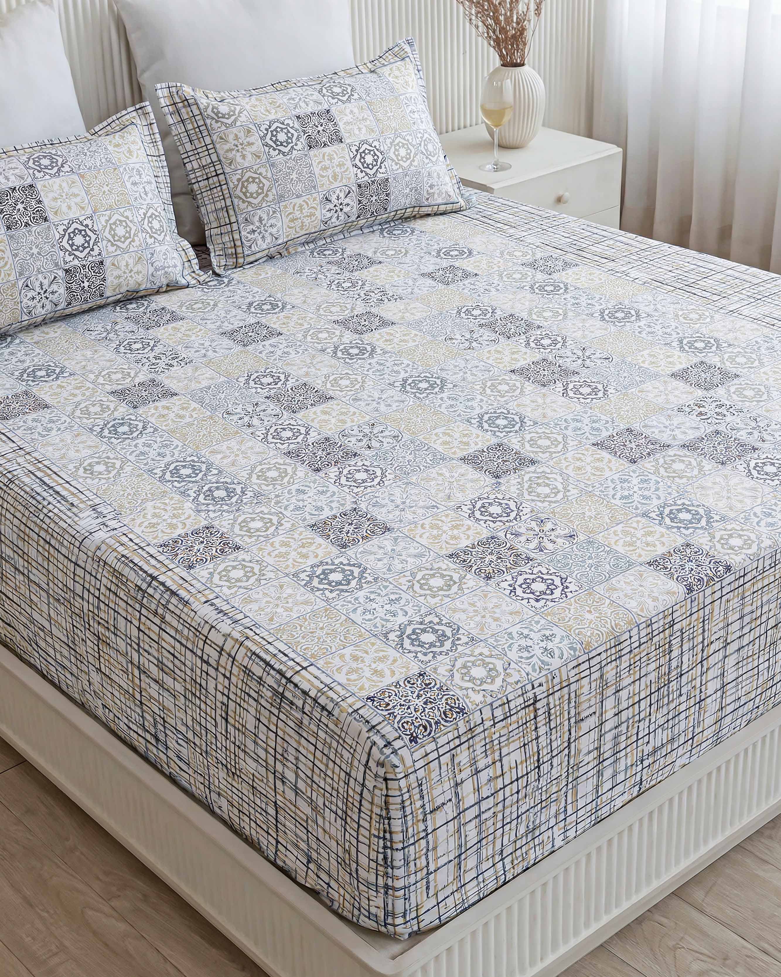 Vintage Tile Patchwork Pure Cotton Double Bedsheet