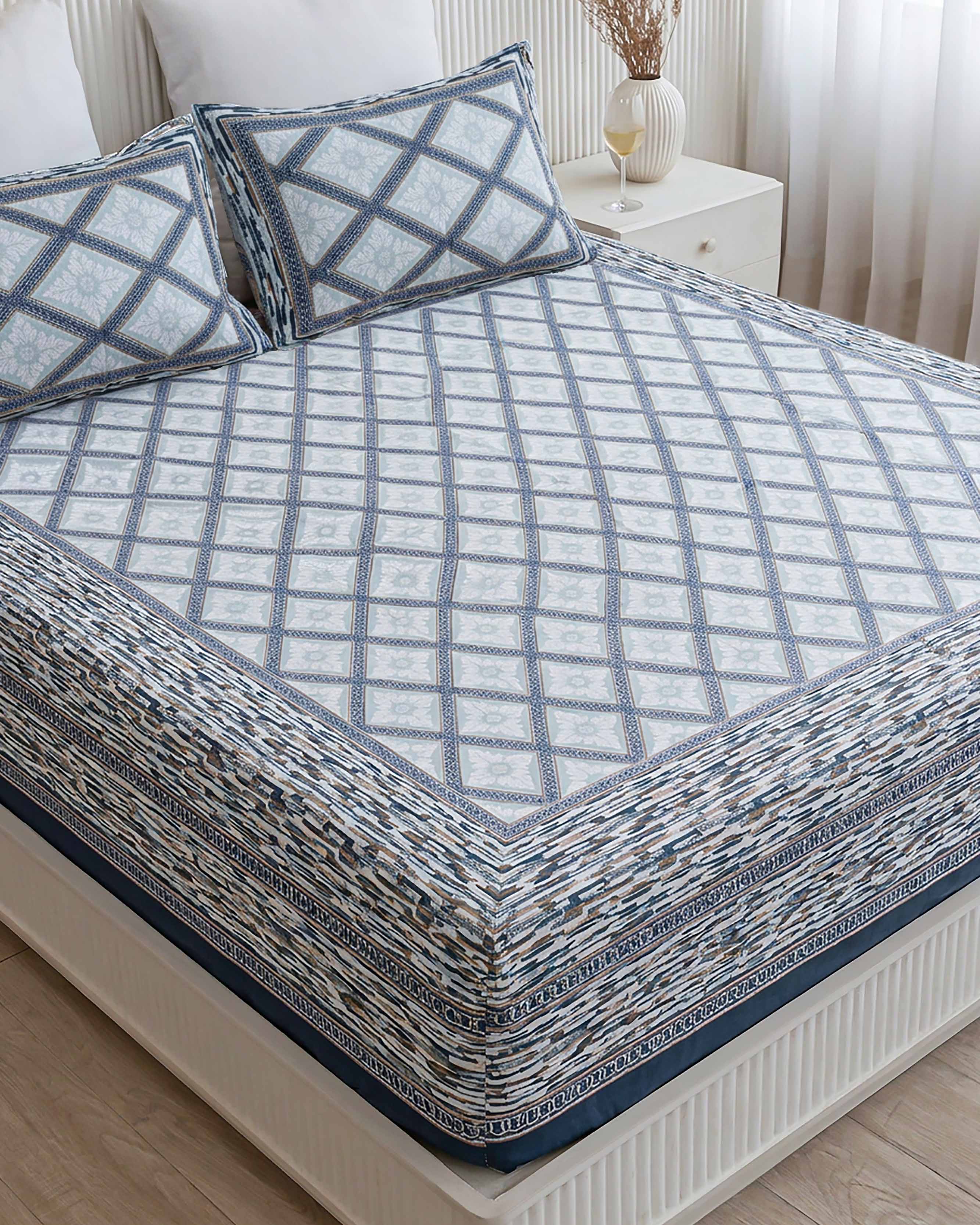 Elegant Blue Diamond Trellis Pure Cotton Double Bedsheet