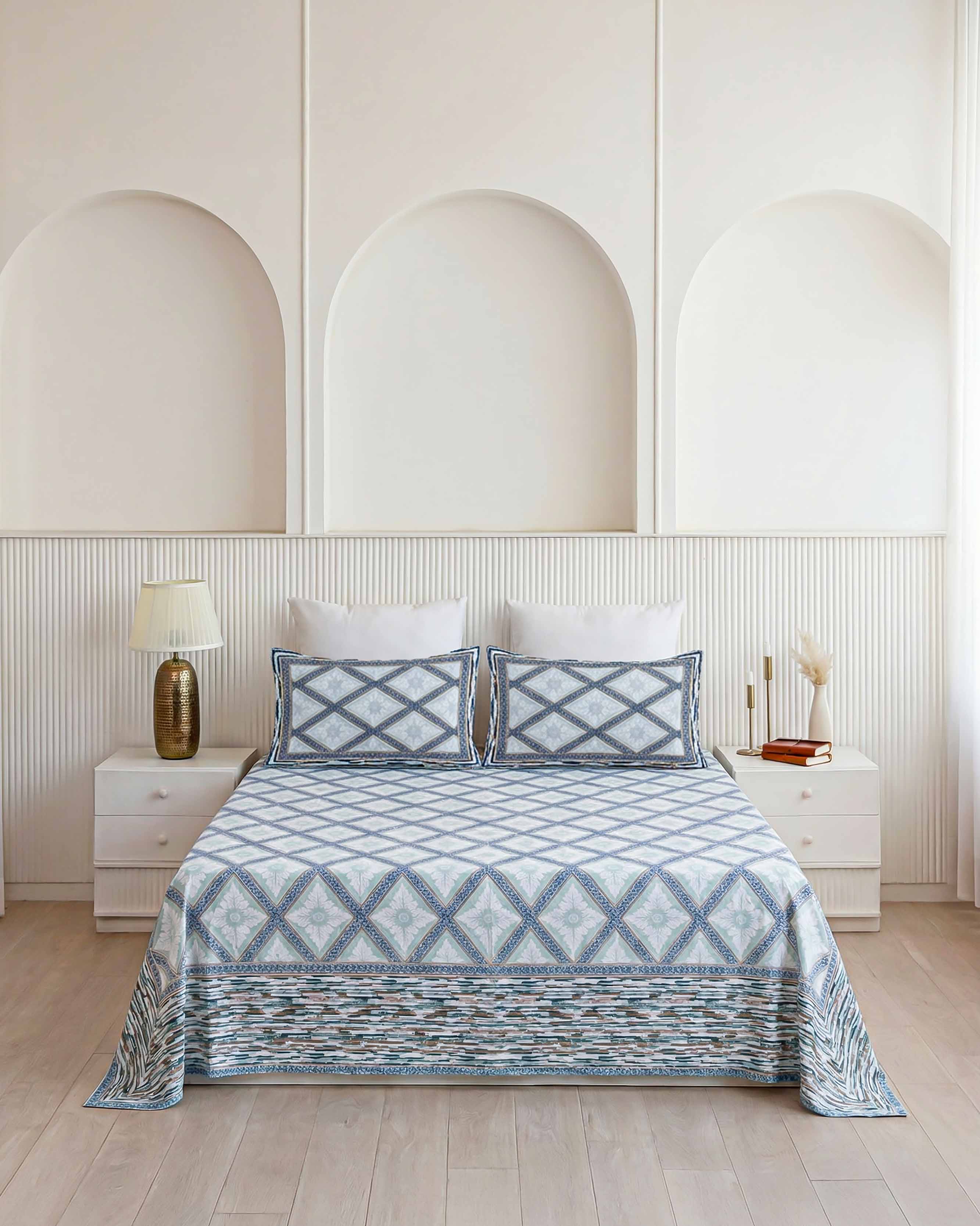 Elegant Blue Diamond Trellis Pure Cotton Double Bedsheet
