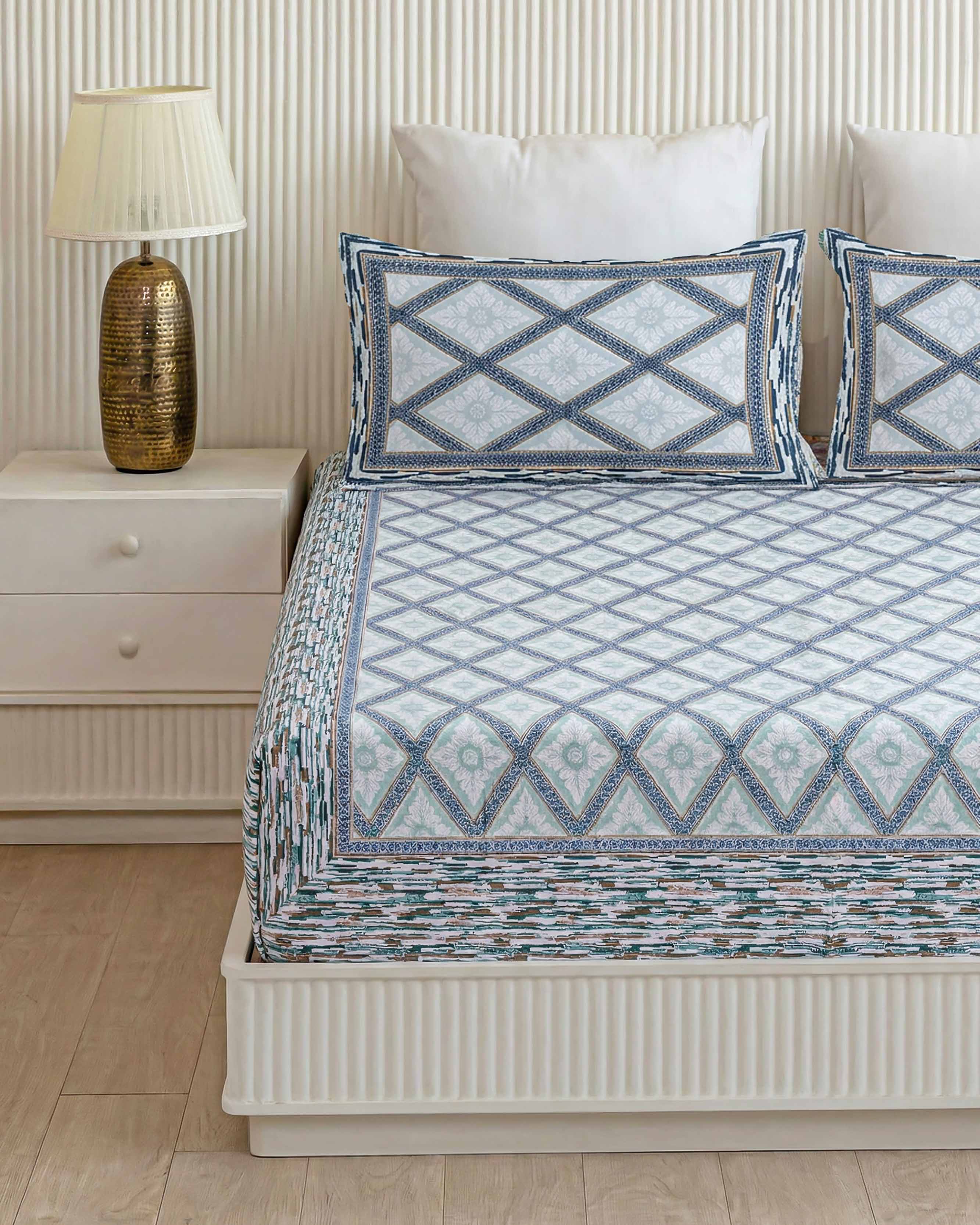 Elegant Blue Diamond Trellis Pure Cotton Double Bedsheet