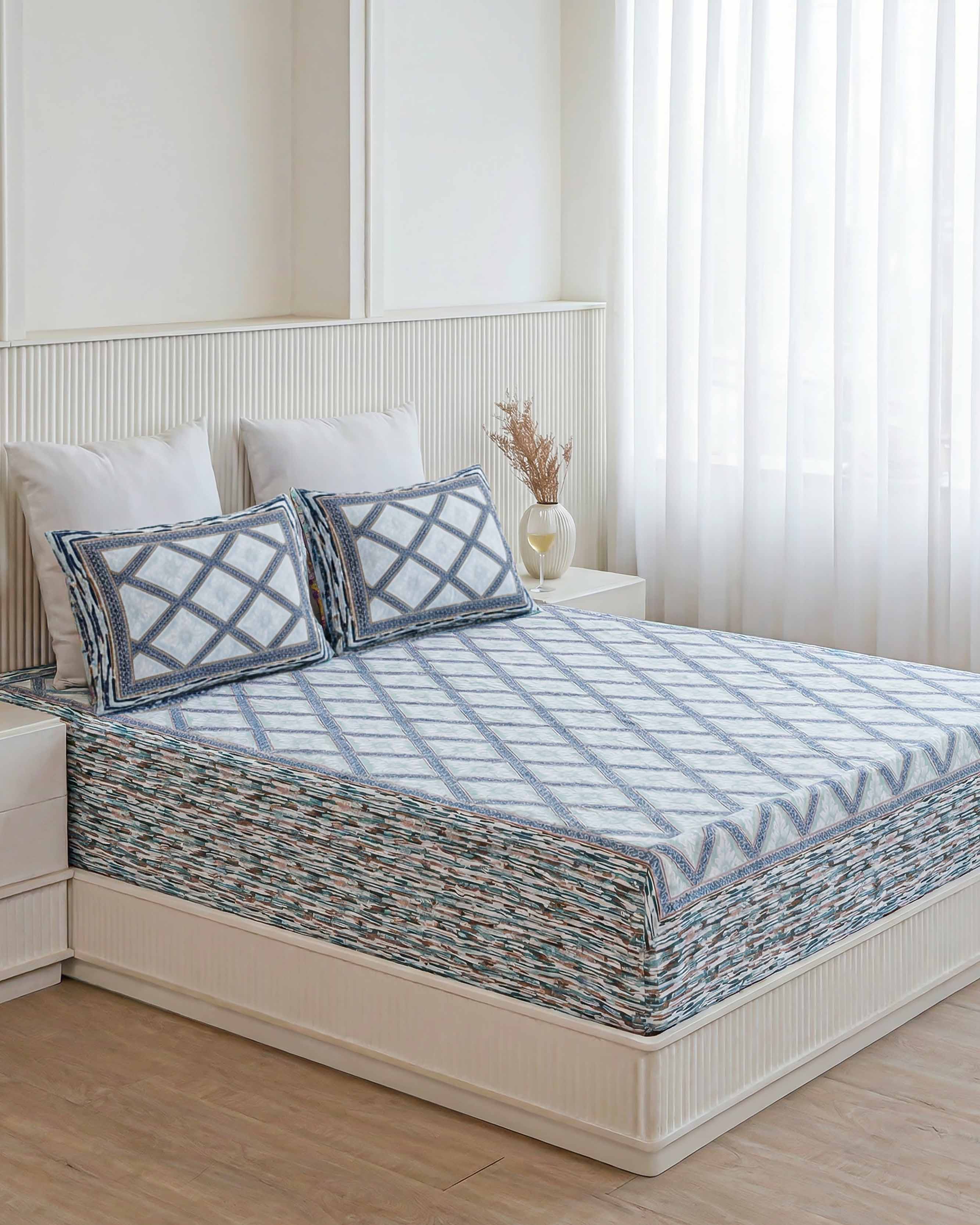 Elegant Blue Diamond Trellis Pure Cotton Double Bedsheet