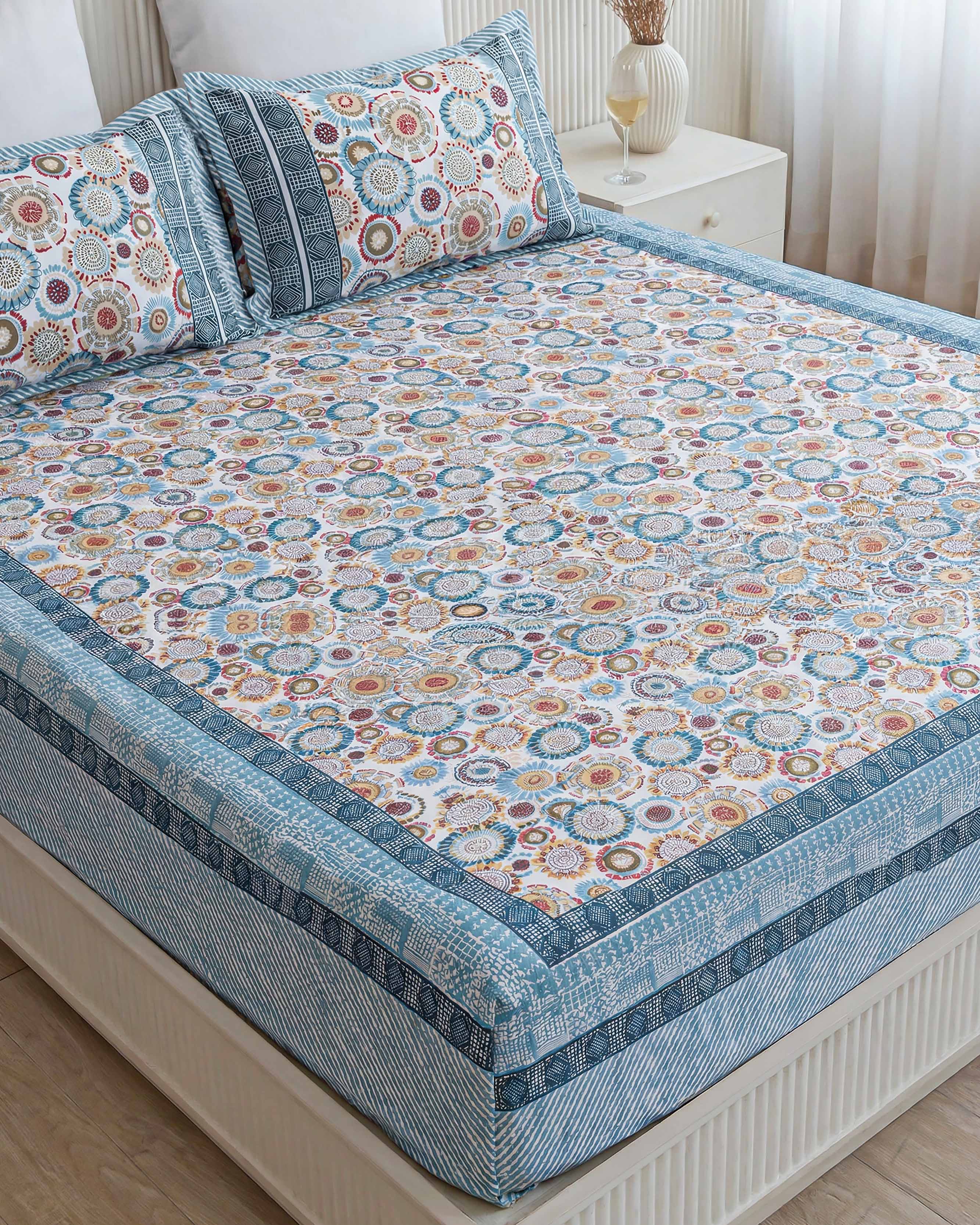 Vibrant Floral Sunburst Pure Cotton Double Bedsheet