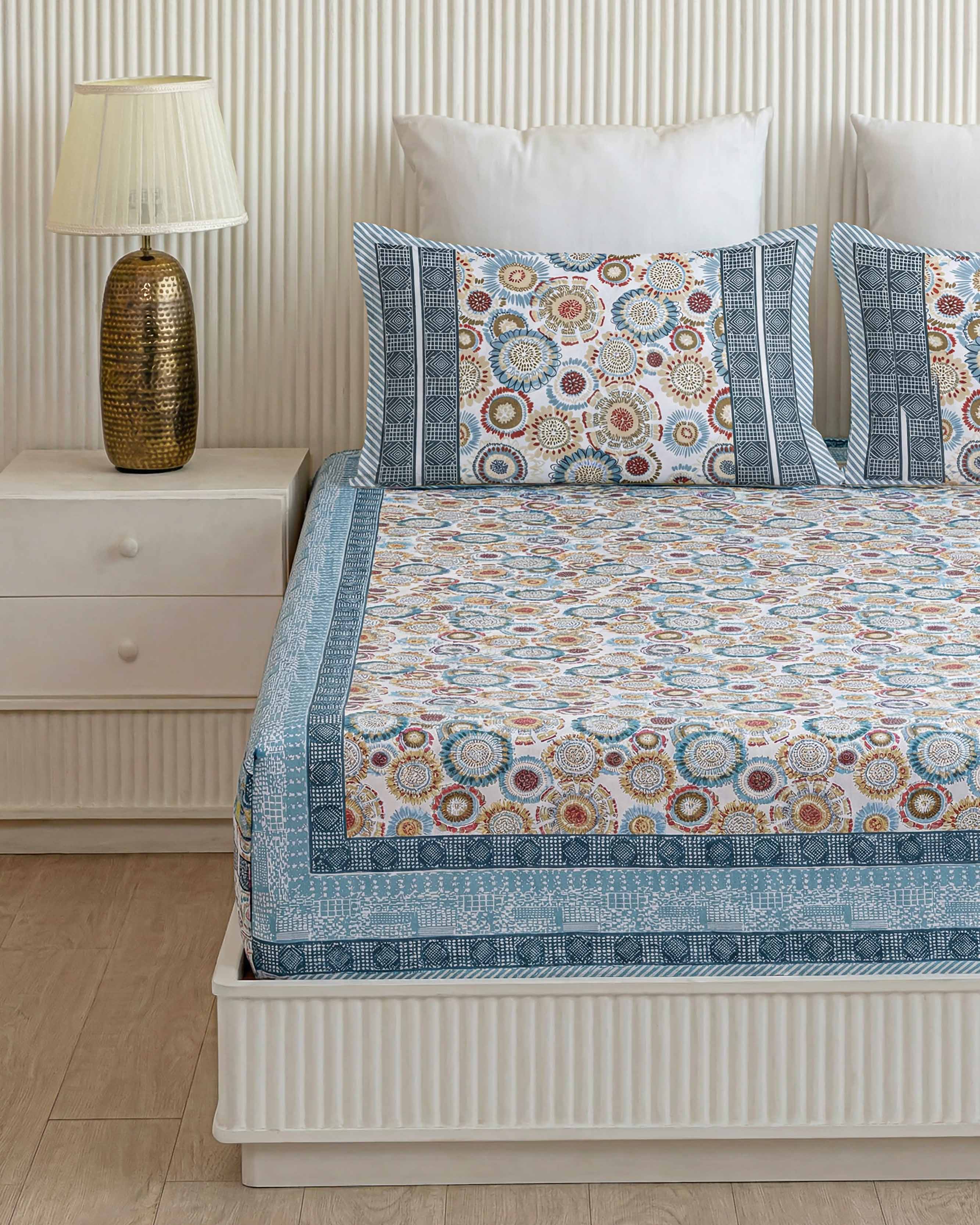 Vibrant Floral Sunburst Pure Cotton Double Bedsheet