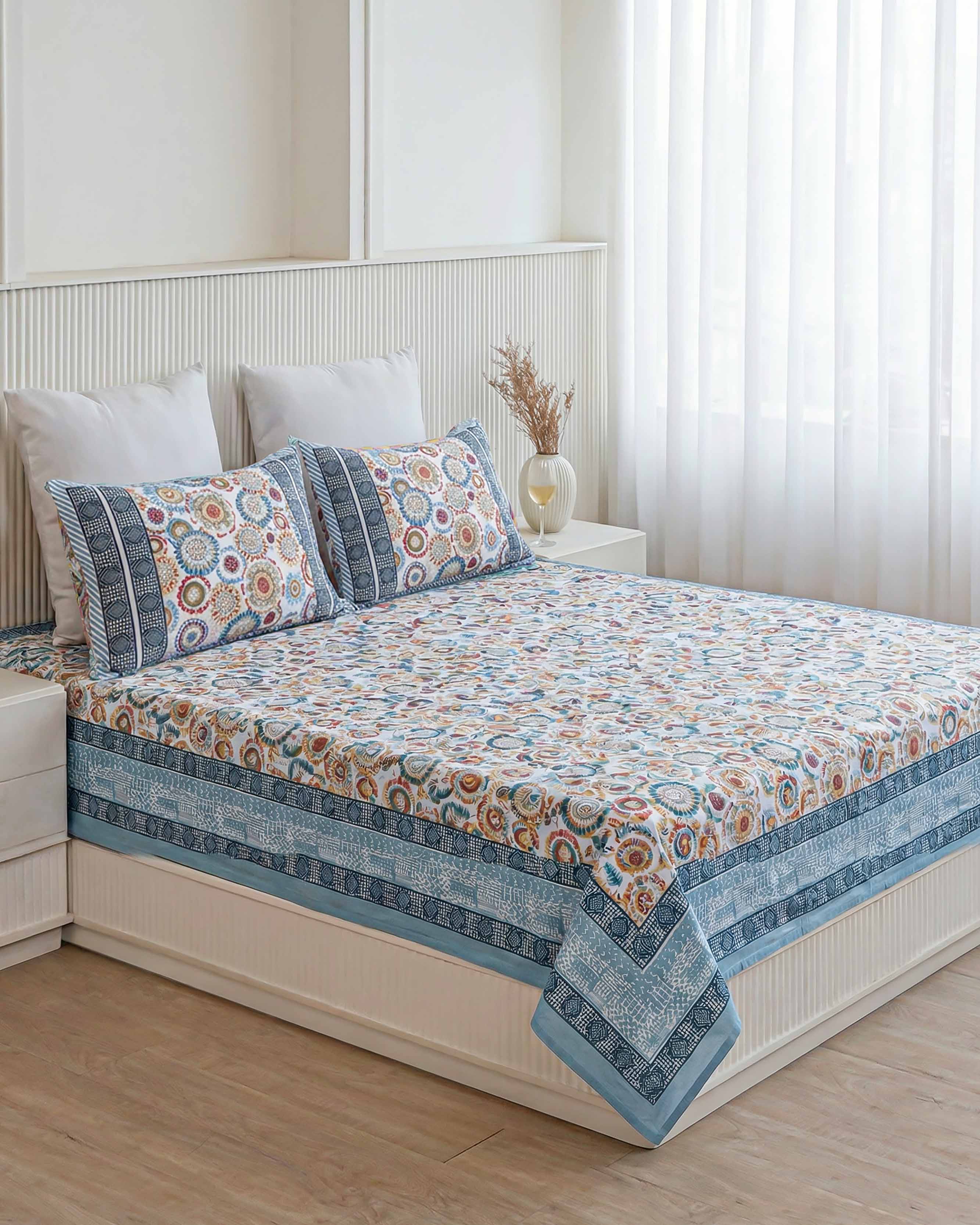 Vibrant Floral Sunburst Pure Cotton Double Bedsheet