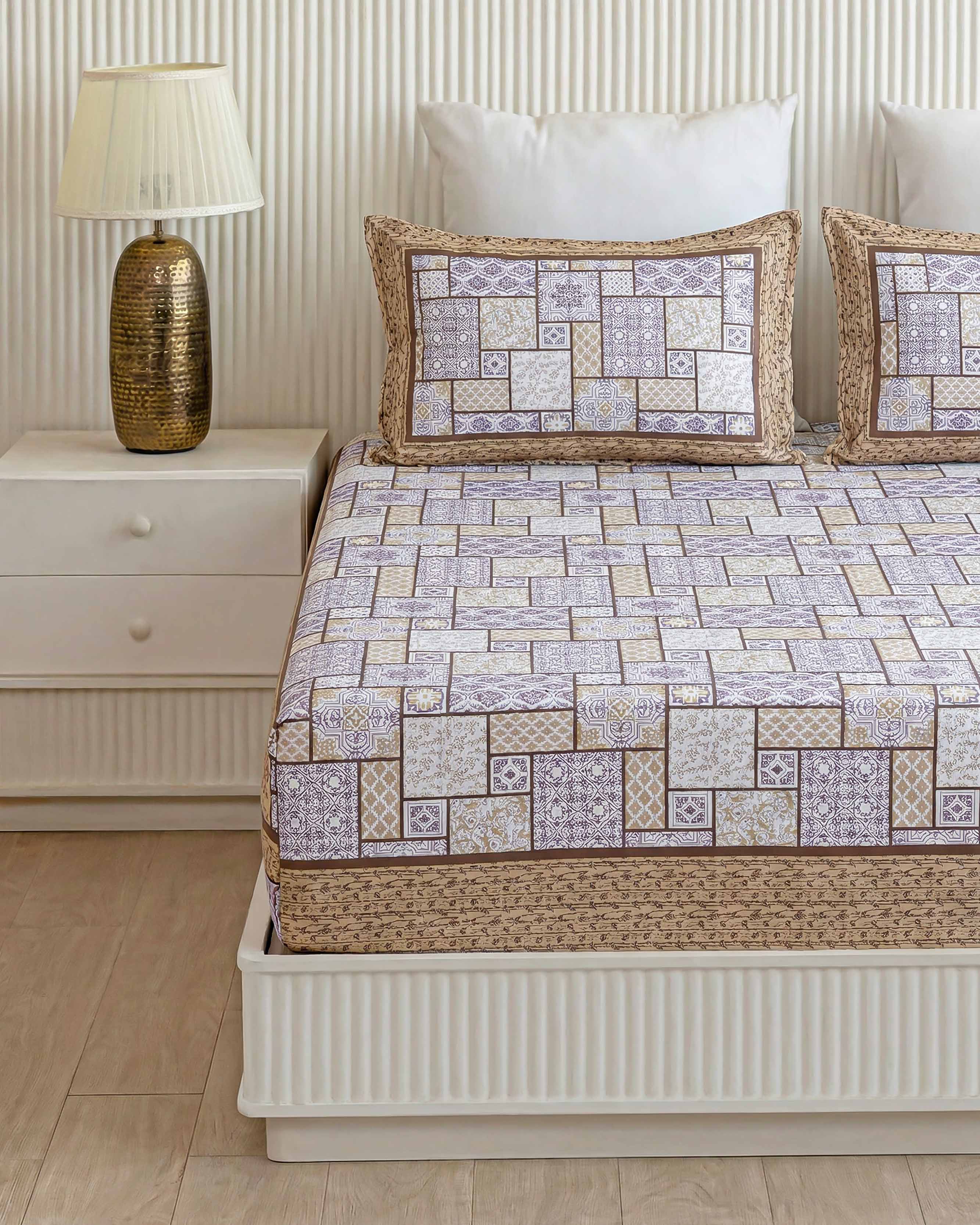Lavender and Taupe Geometric Patchwork Pure Cotton Double Bedsheet