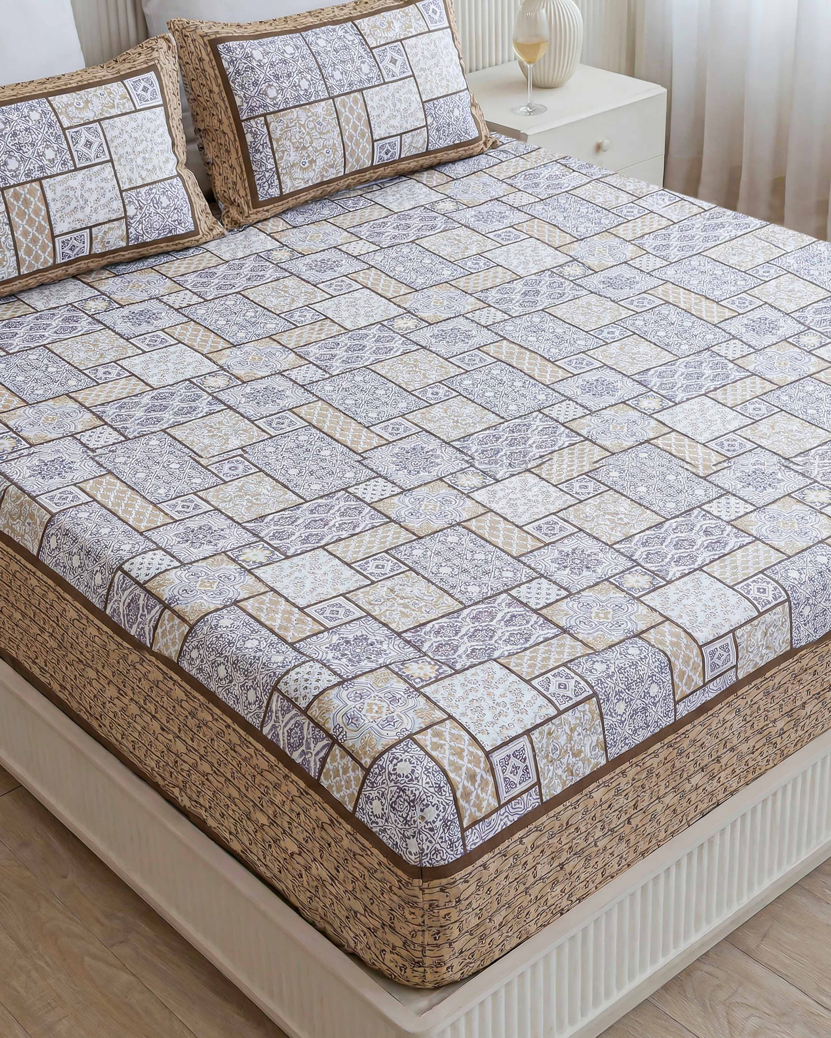 Lavender and Taupe Geometric Patchwork Pure Cotton Double Bedsheet