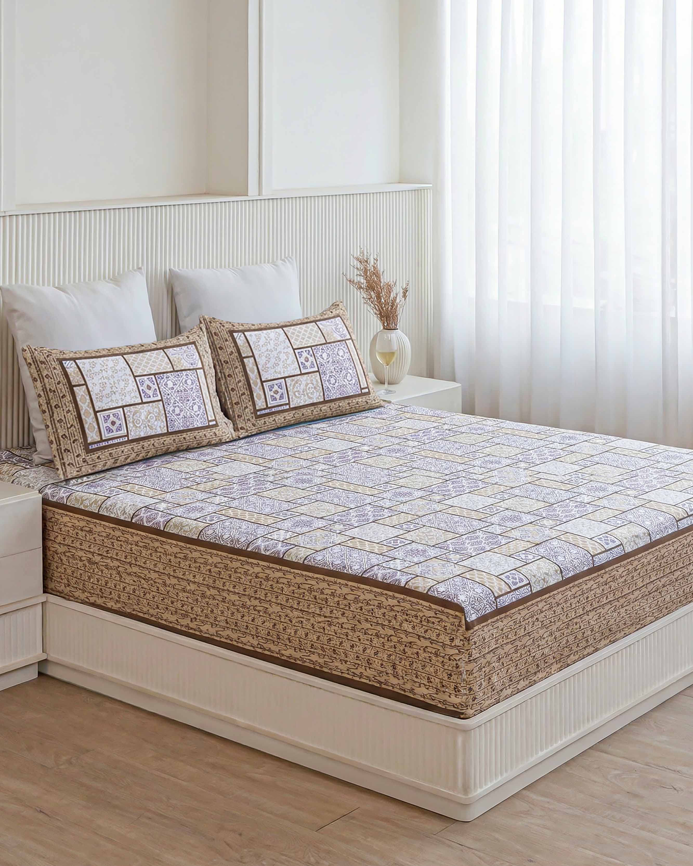 Lavender and Taupe Geometric Patchwork Pure Cotton Double Bedsheet
