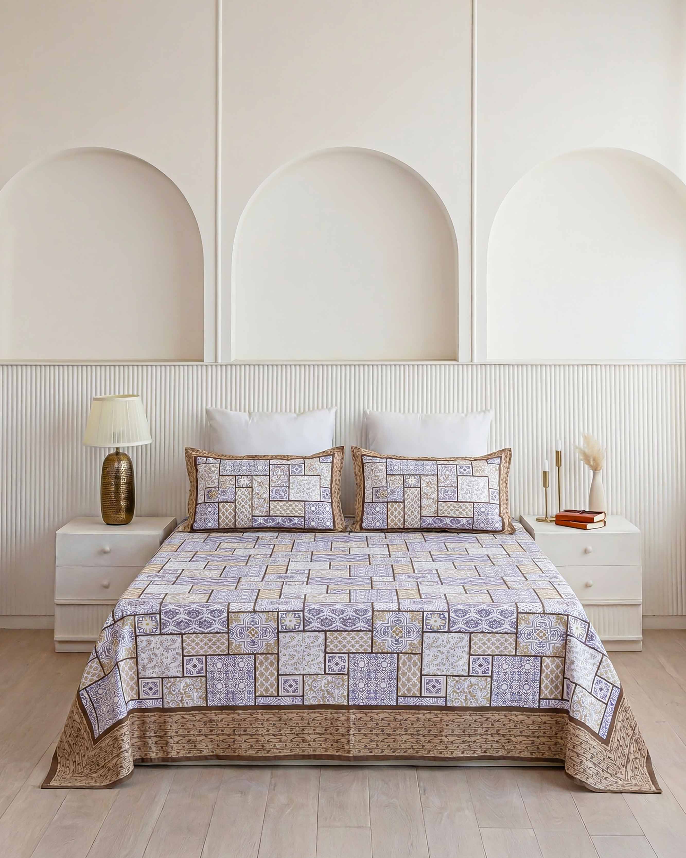 Lavender and Taupe Geometric Patchwork Pure Cotton Double Bedsheet