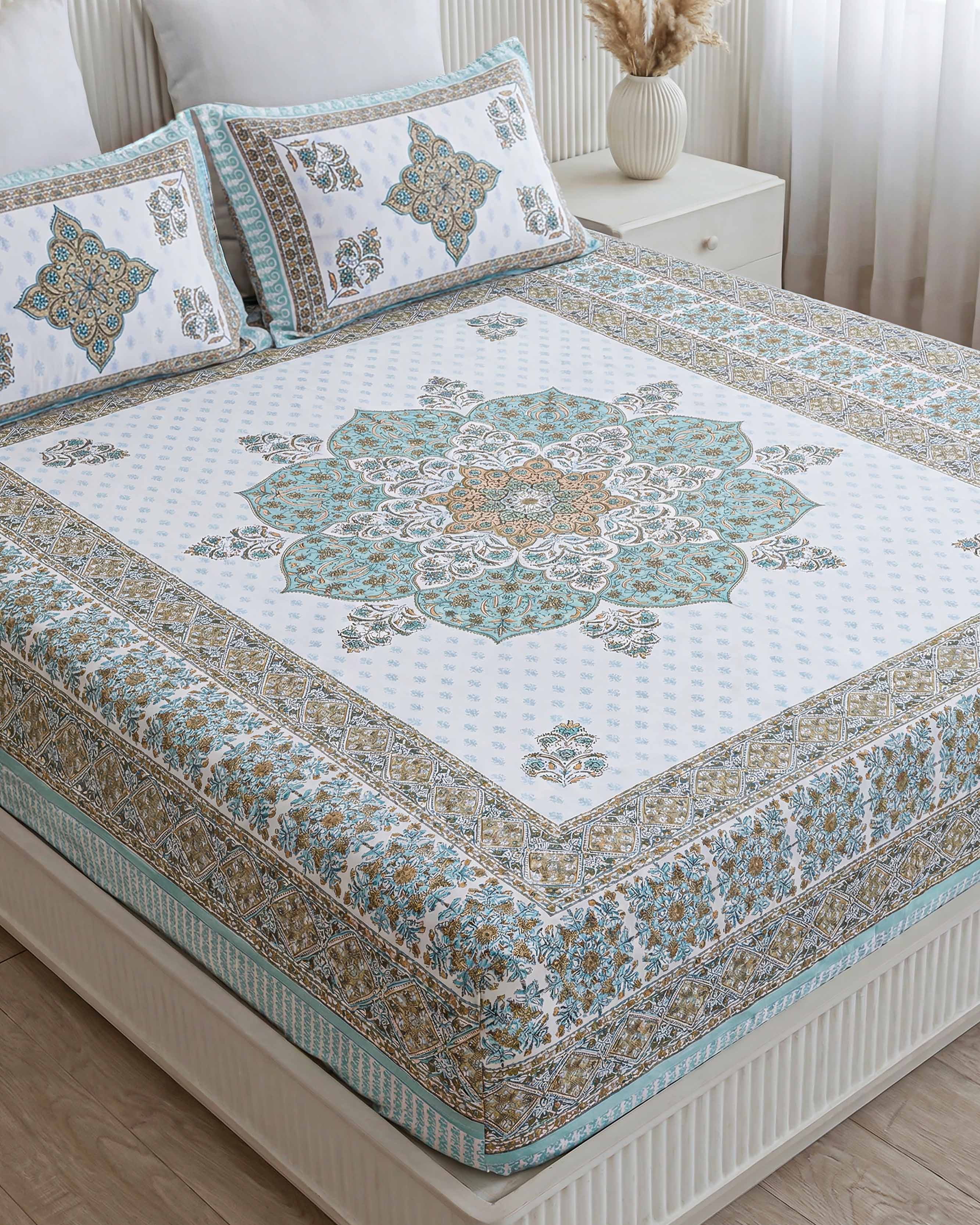 Turquoise Mandala Elegance Pure Cotton Double Bedsheet