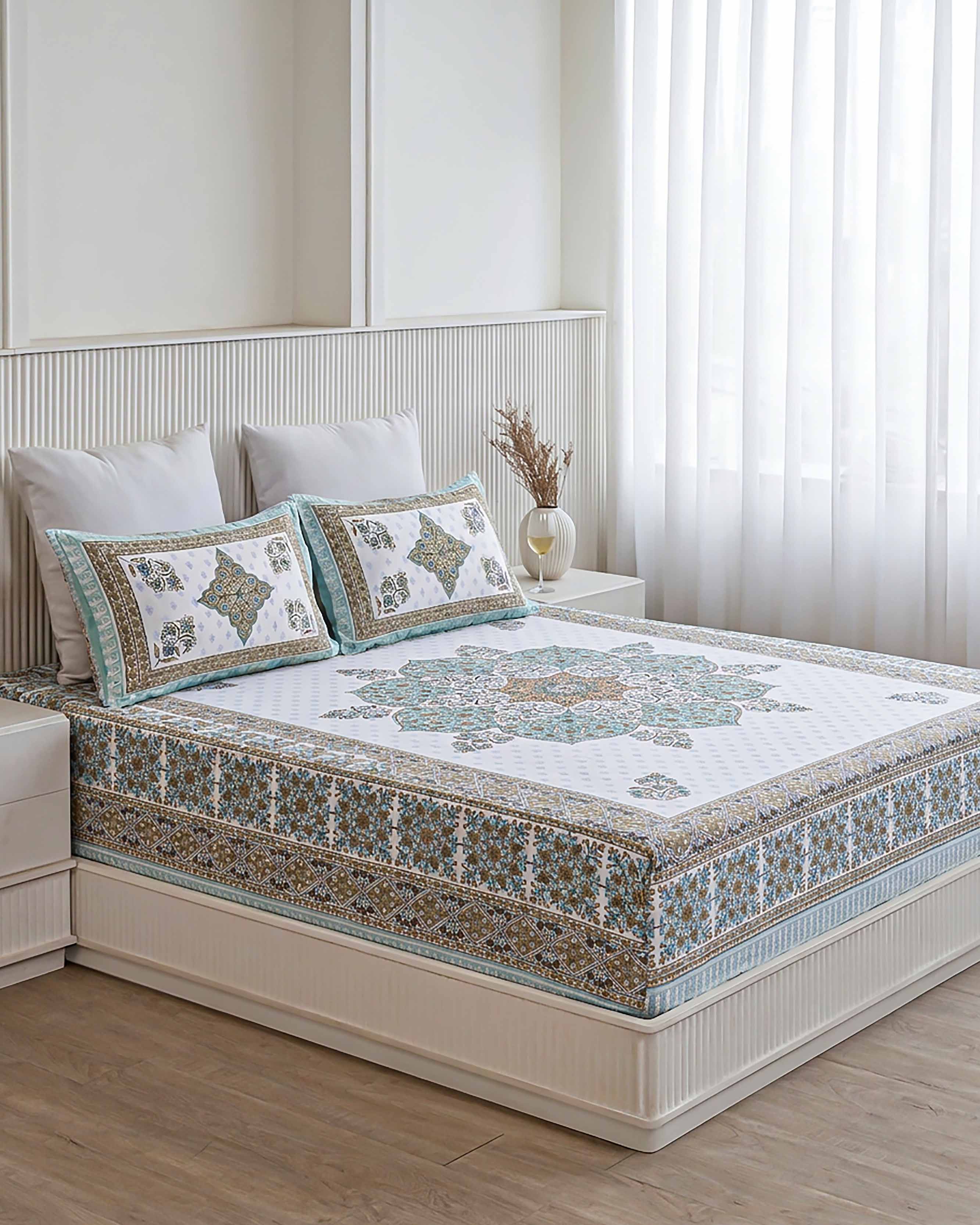Turquoise Mandala Elegance Pure Cotton Double Bedsheet