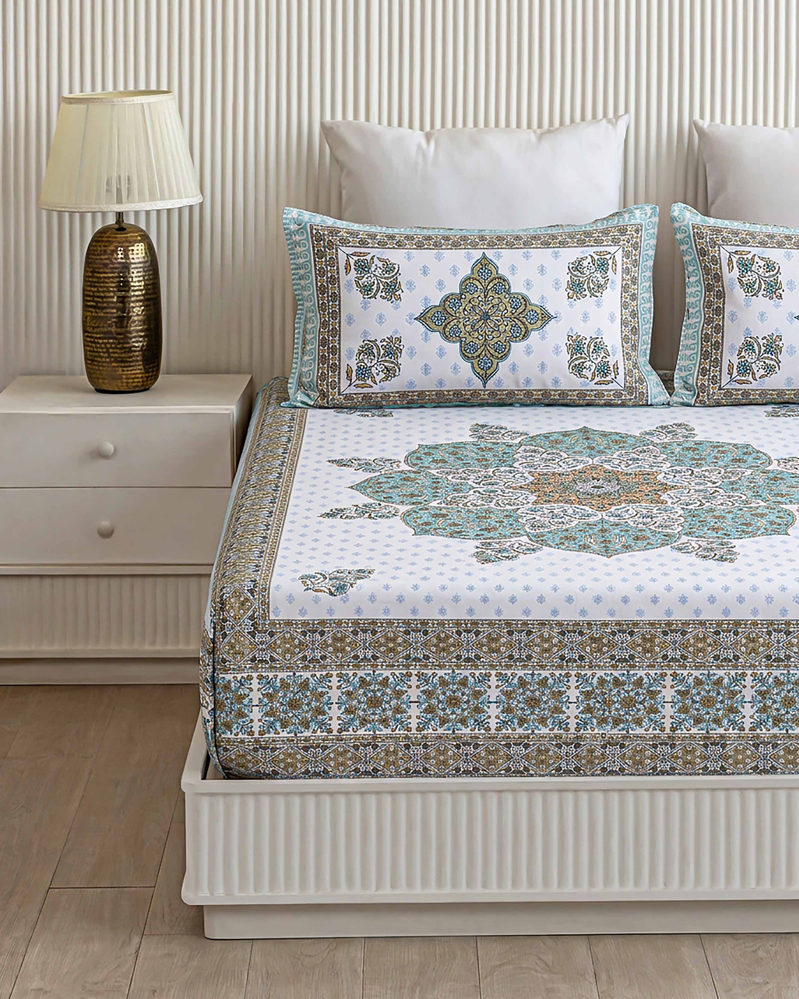 Turquoise Mandala Elegance Pure Cotton Double Bedsheet