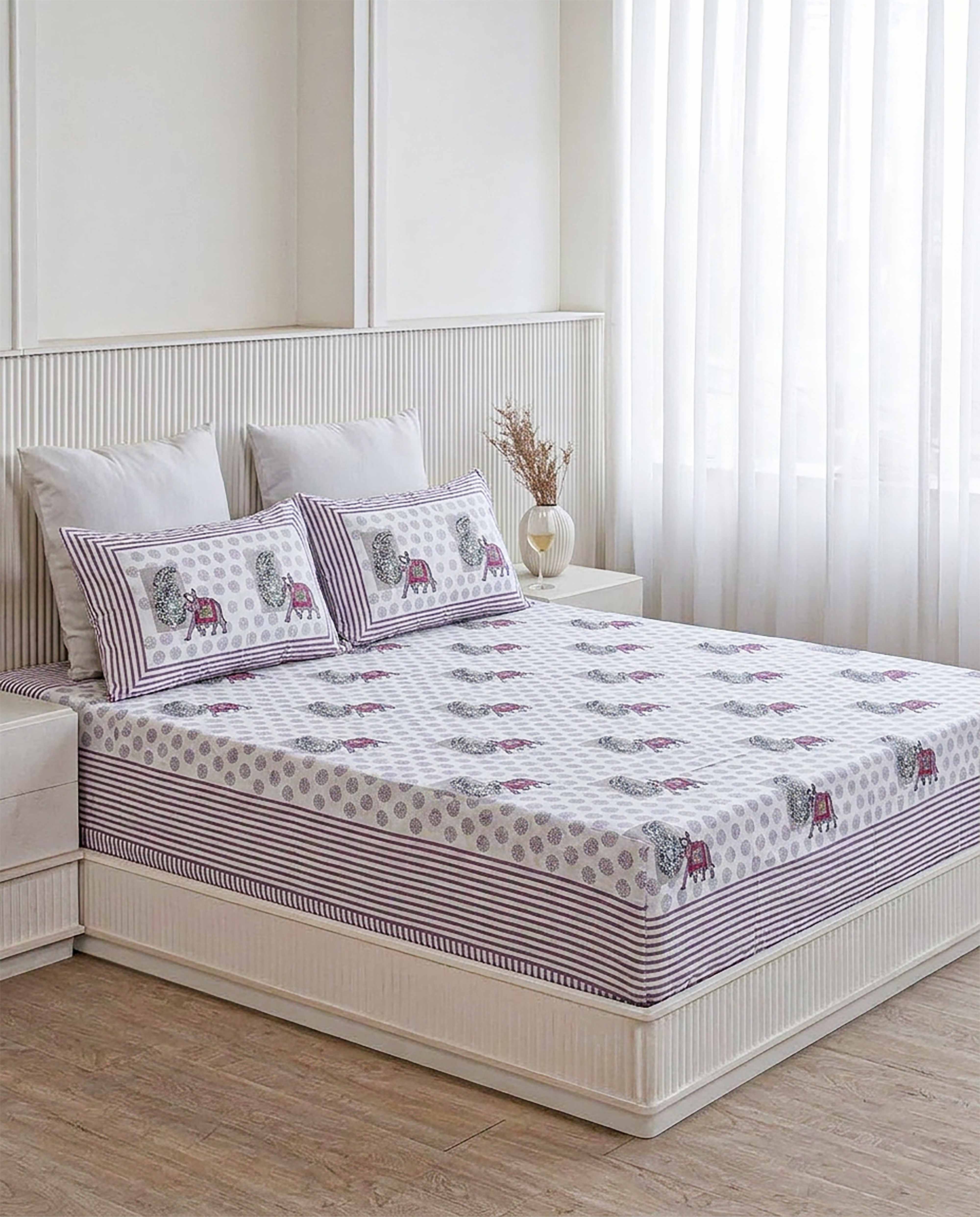 Haathi Paan Hand-Block Print Mauve Double Bedsheet