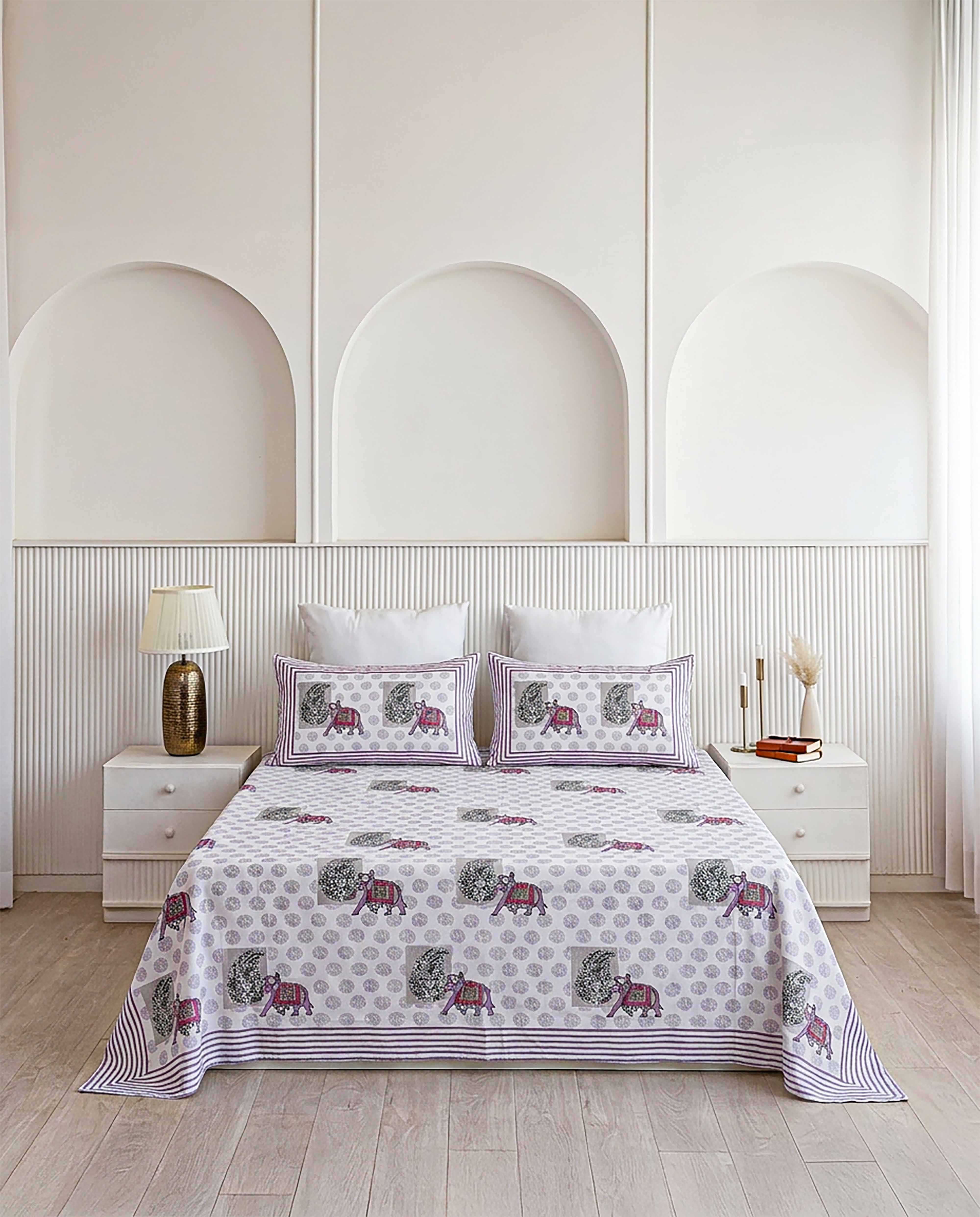 Haathi Paan Hand-Block Print Mauve Double Bedsheet