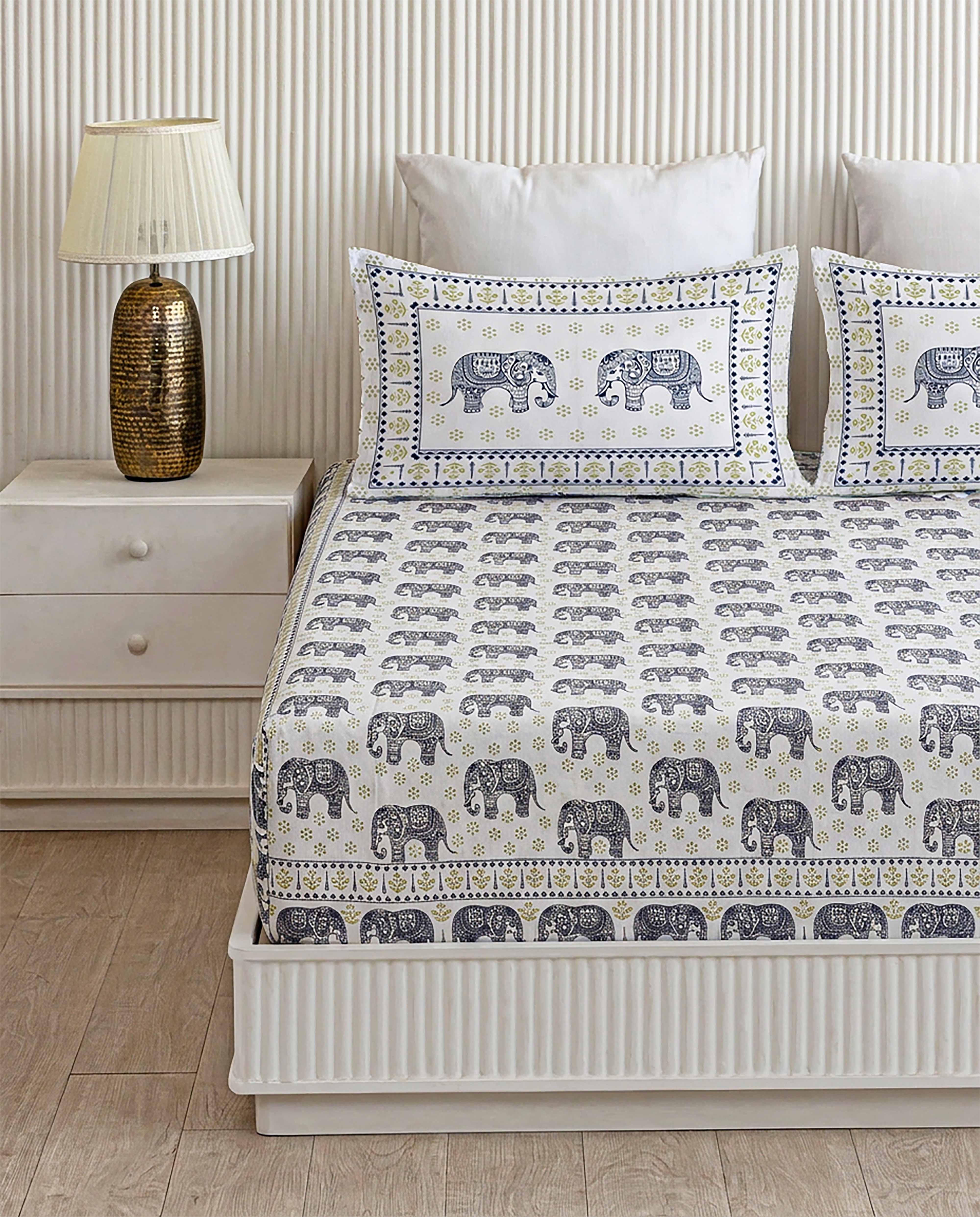Royal Gaj Traditional Elephant Motif Indigo Blue Double Bedsheet