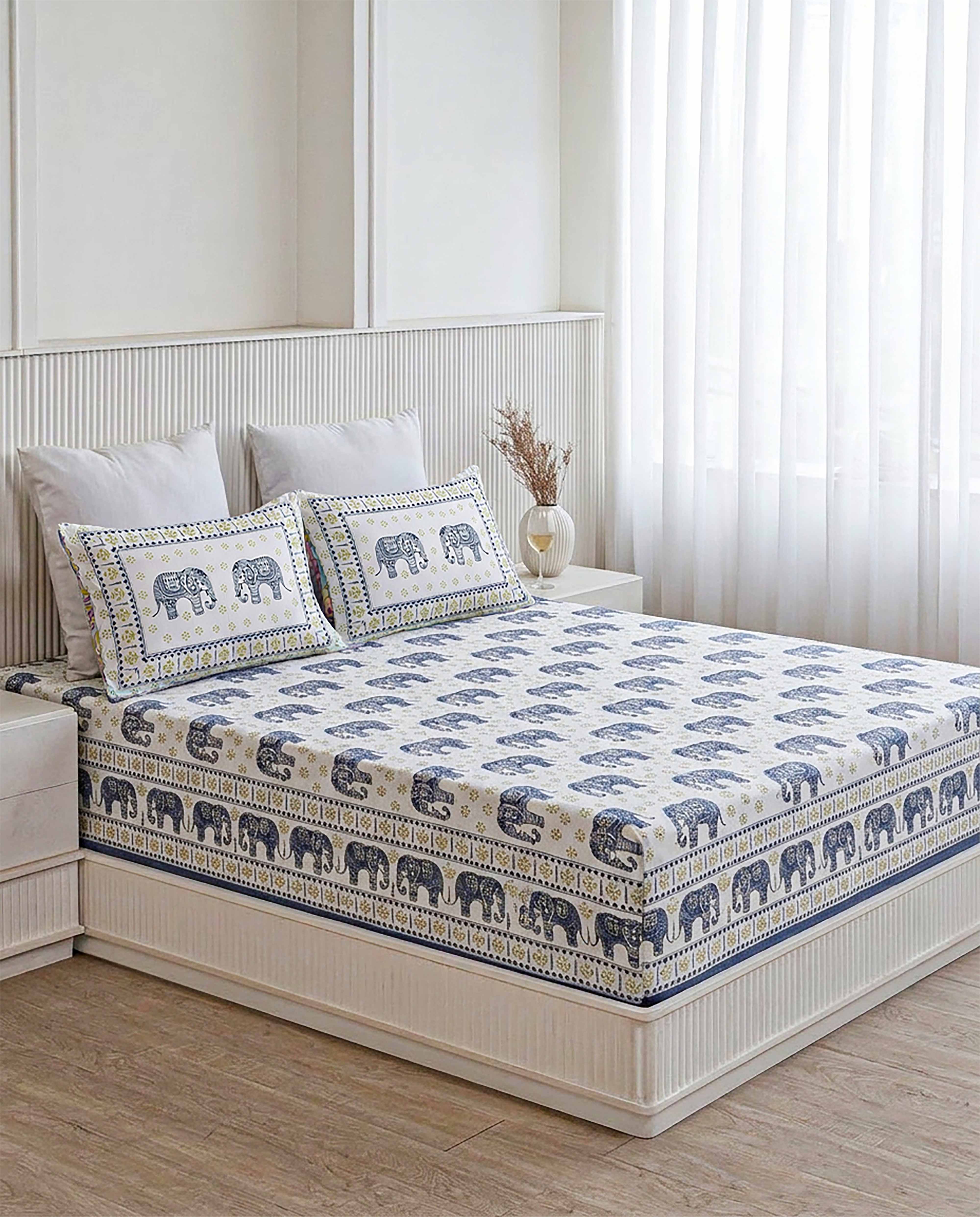 Royal Gaj Traditional Elephant Motif Indigo Blue Double Bedsheet