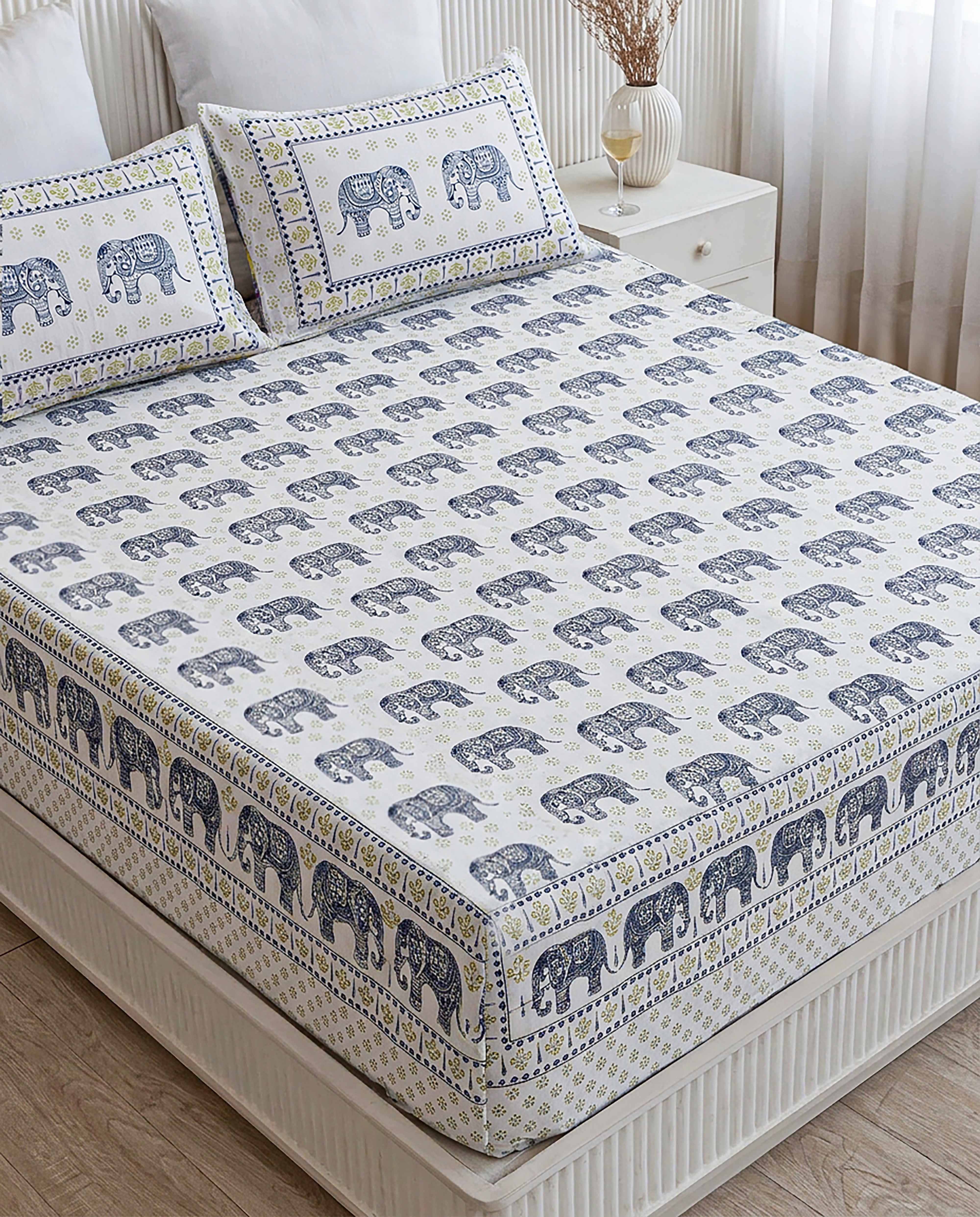 Royal Gaj Traditional Elephant Motif Indigo Blue Double Bedsheet