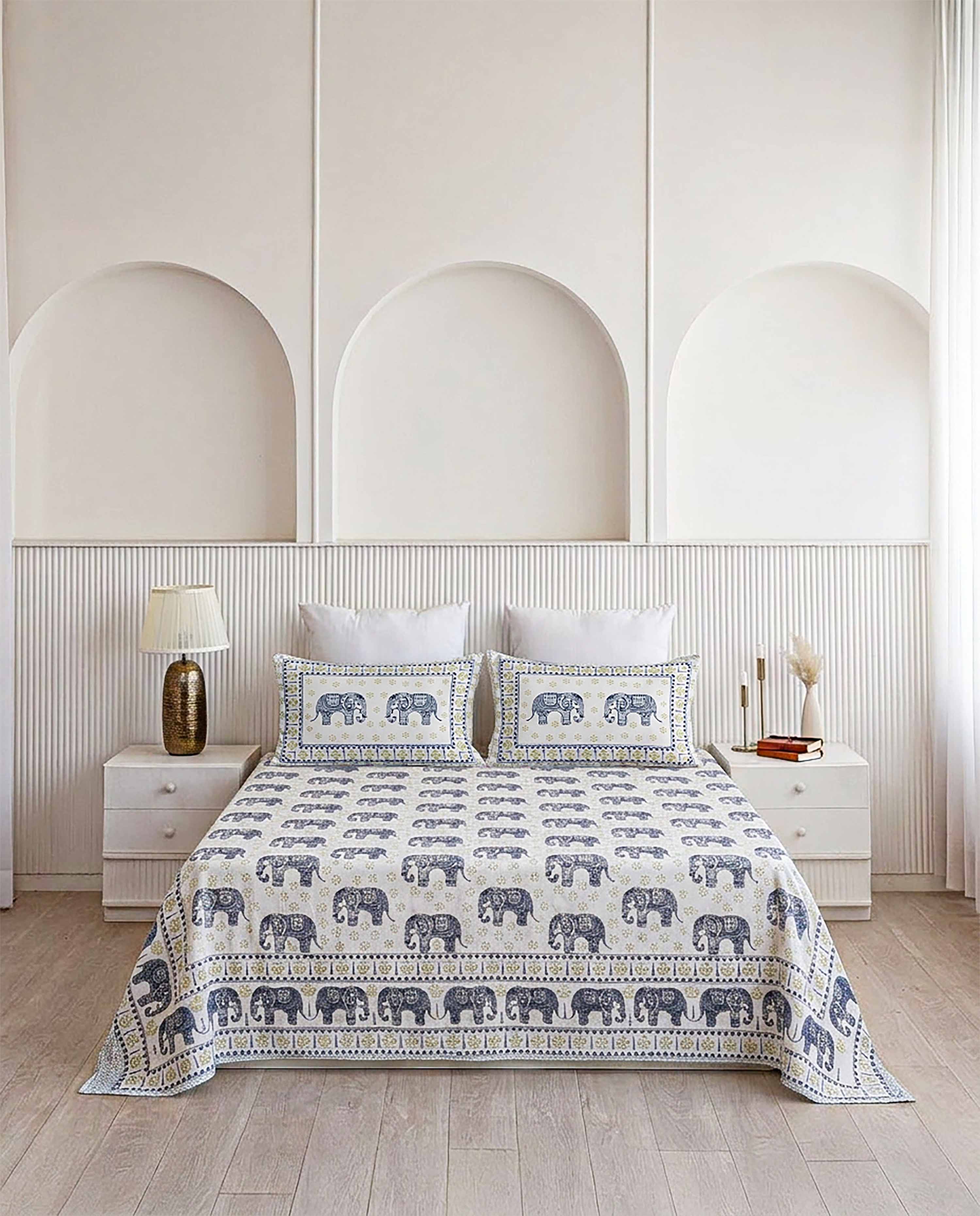 Royal Gaj Traditional Elephant Motif Indigo Blue Double Bedsheet