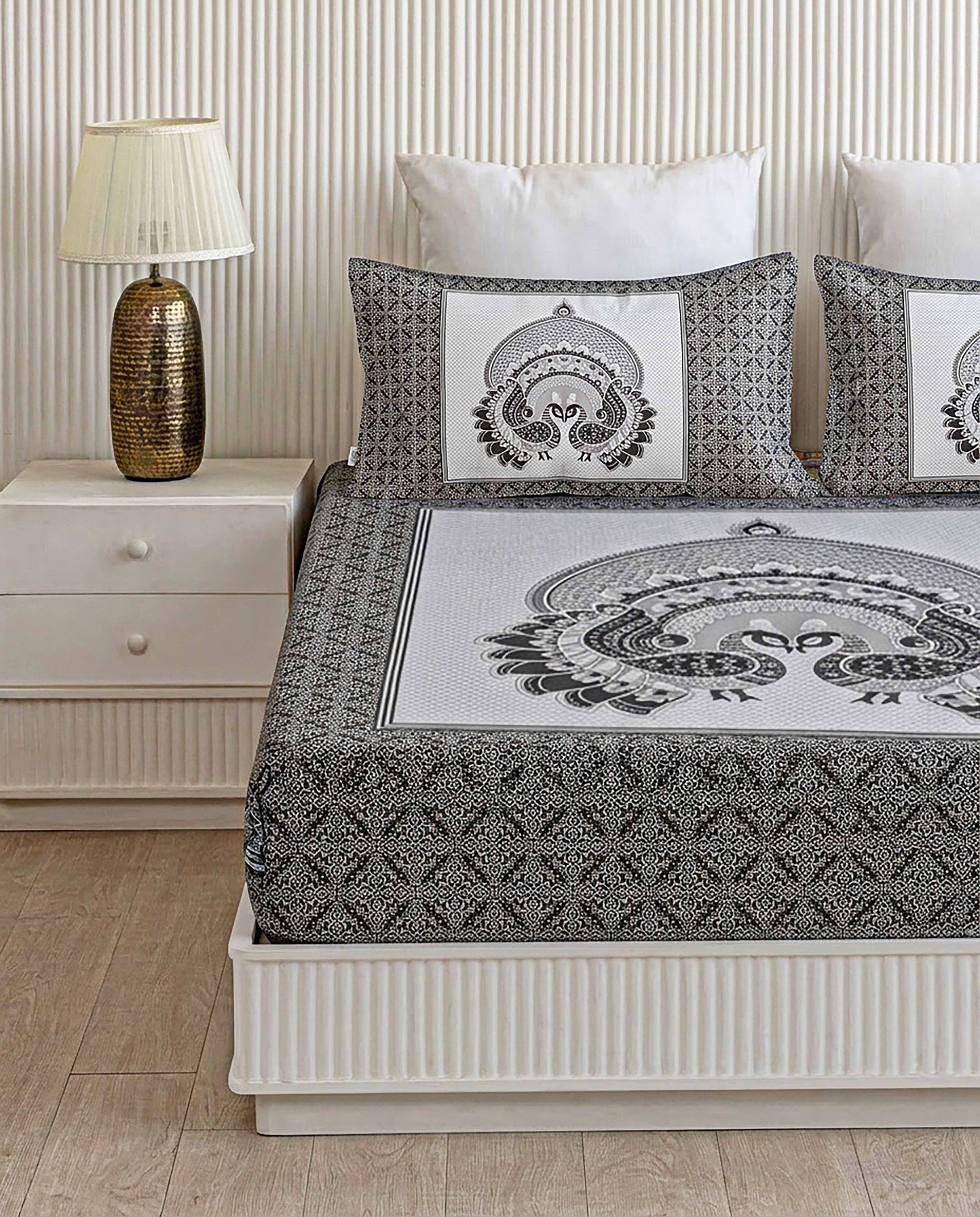 Mayur Chitra Peacock Mandala Slate Grey Double Bedsheet
