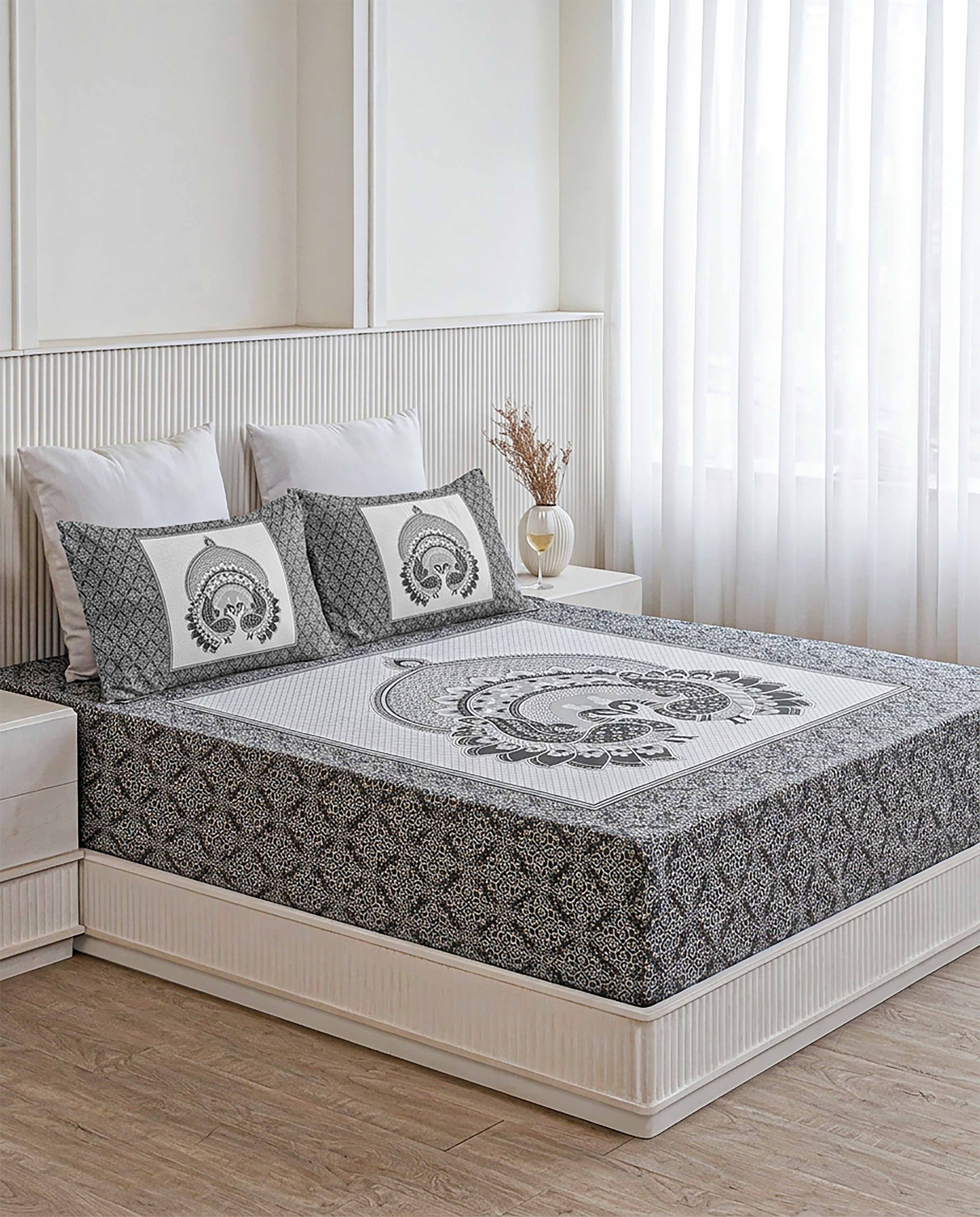Mayur Chitra Peacock Mandala Slate Grey Double Bedsheet