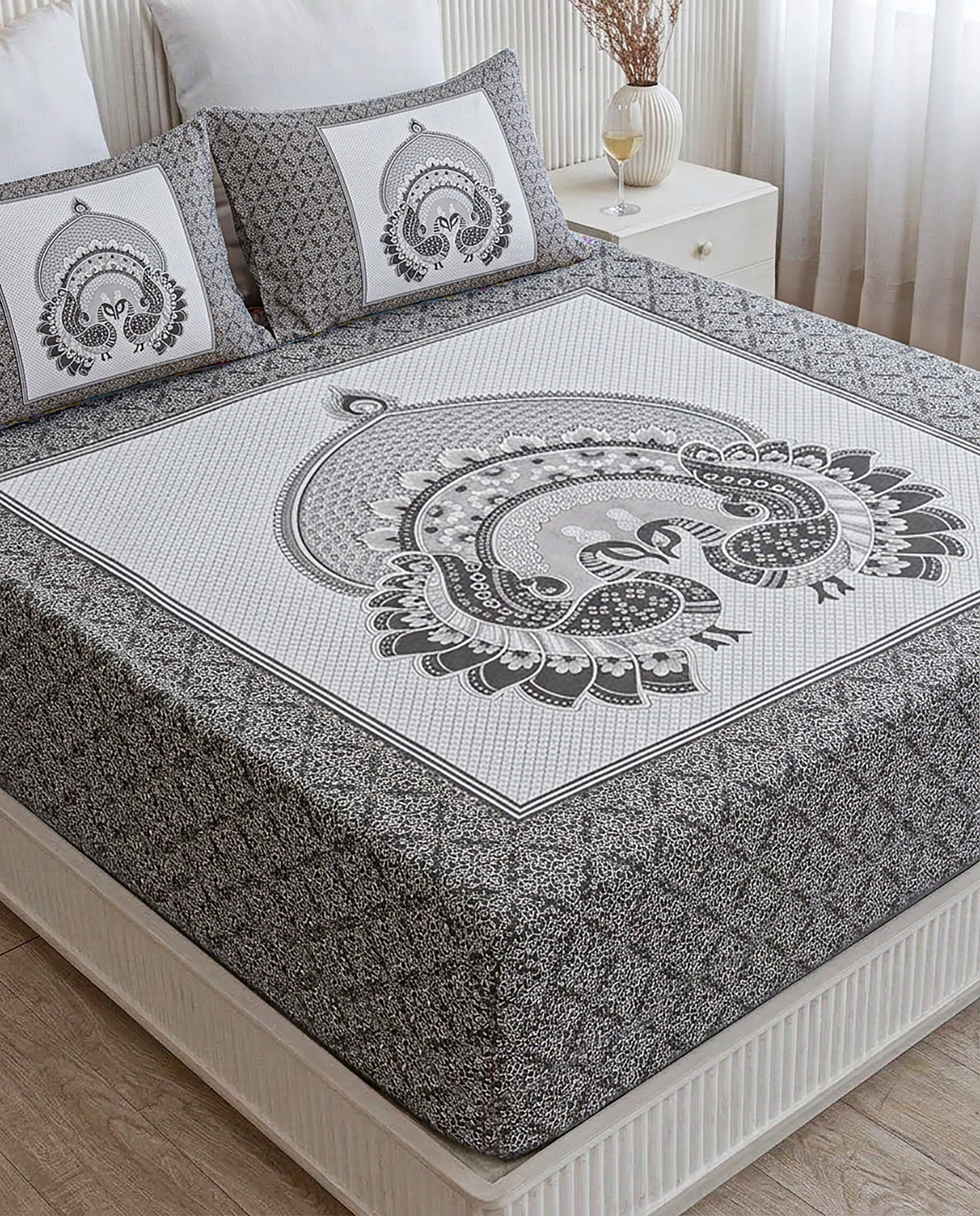 Mayur Chitra Peacock Mandala Slate Grey Double Bedsheet