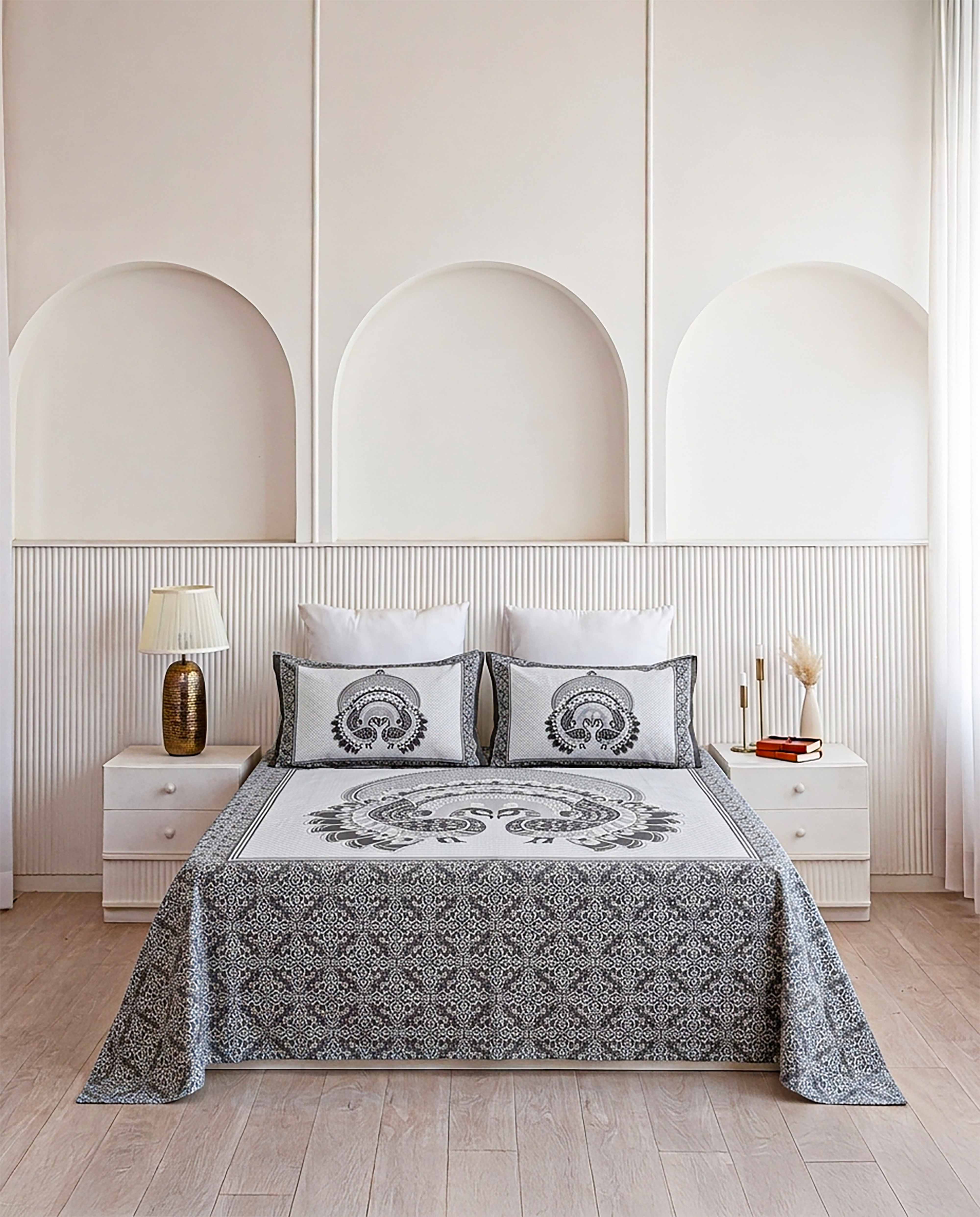 Mayur Chitra Peacock Mandala Slate Grey Double Bedsheet