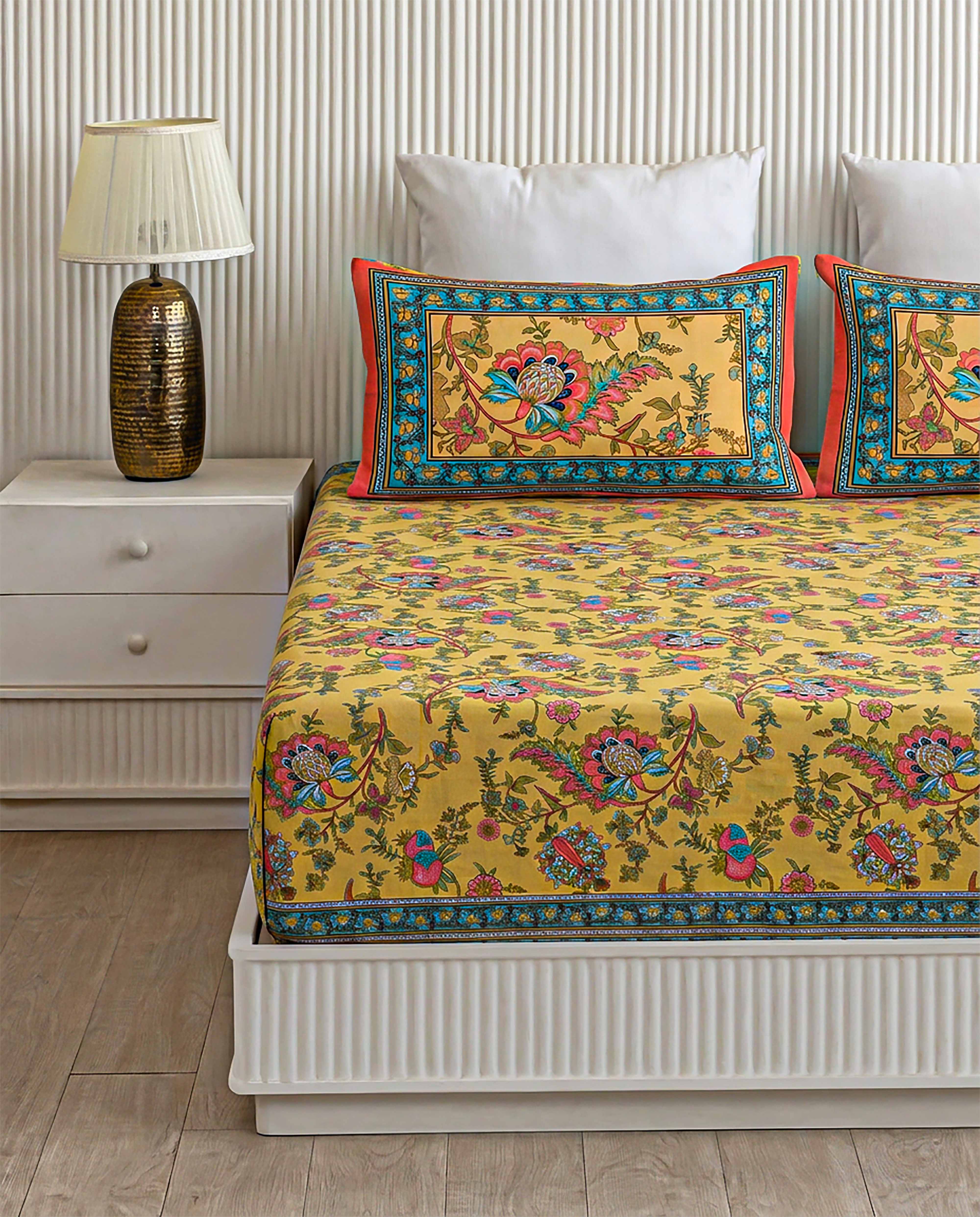 Gul-e-Bahar Vibrant Floral Mustard Yellow Double Bedsheet