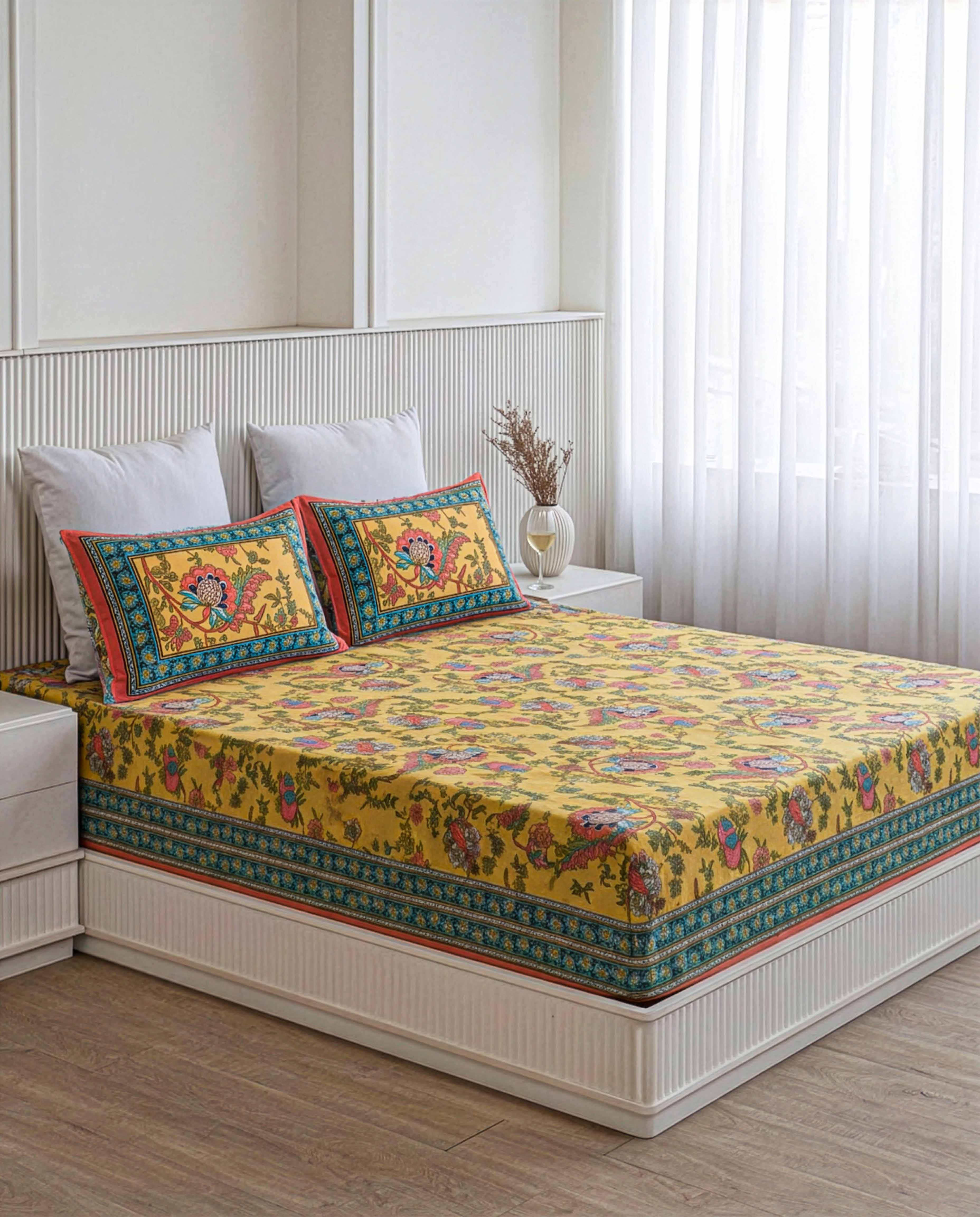 Gul-e-Bahar Vibrant Floral Mustard Yellow Double Bedsheet