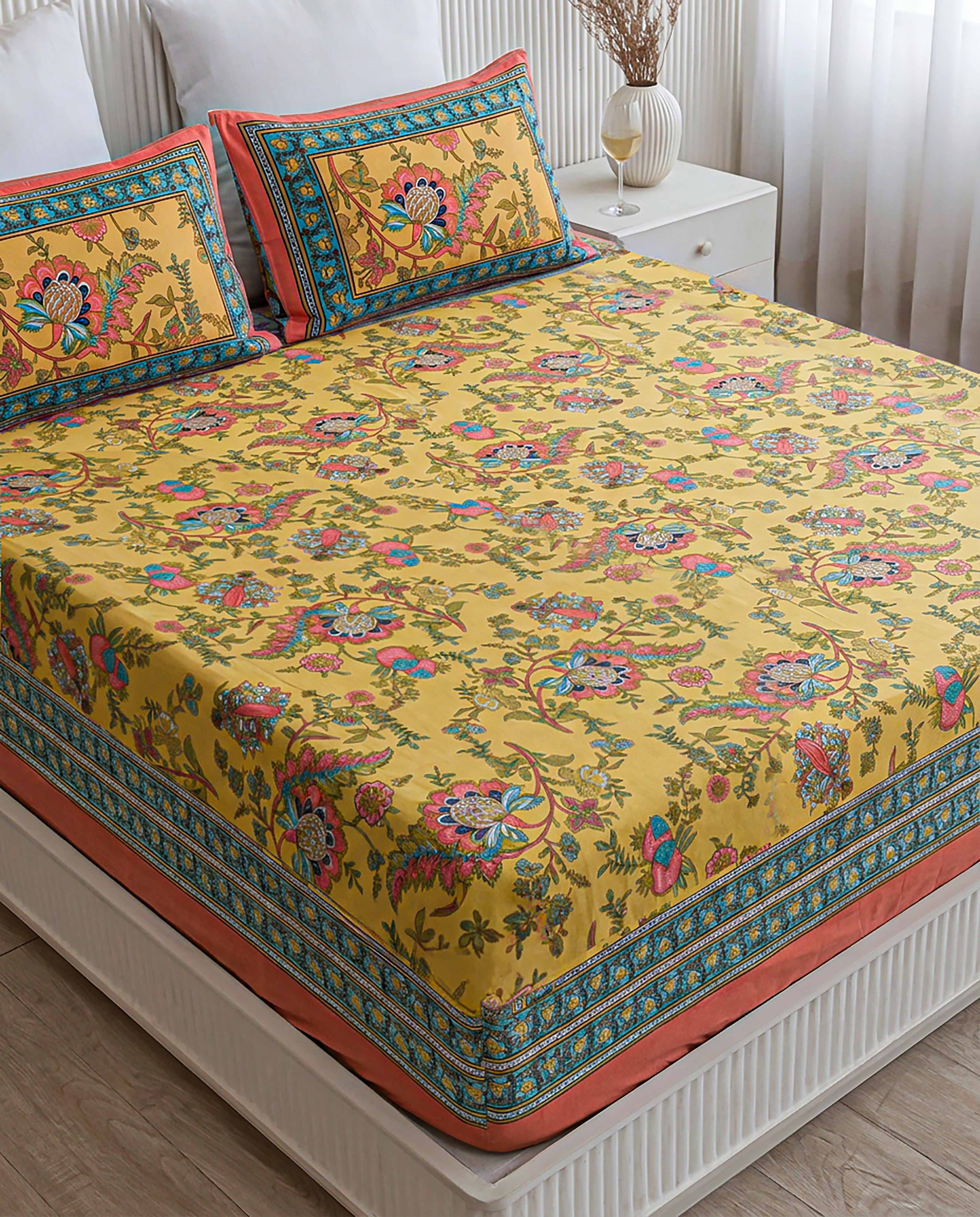 Gul-e-Bahar Vibrant Floral Mustard Yellow Double Bedsheet