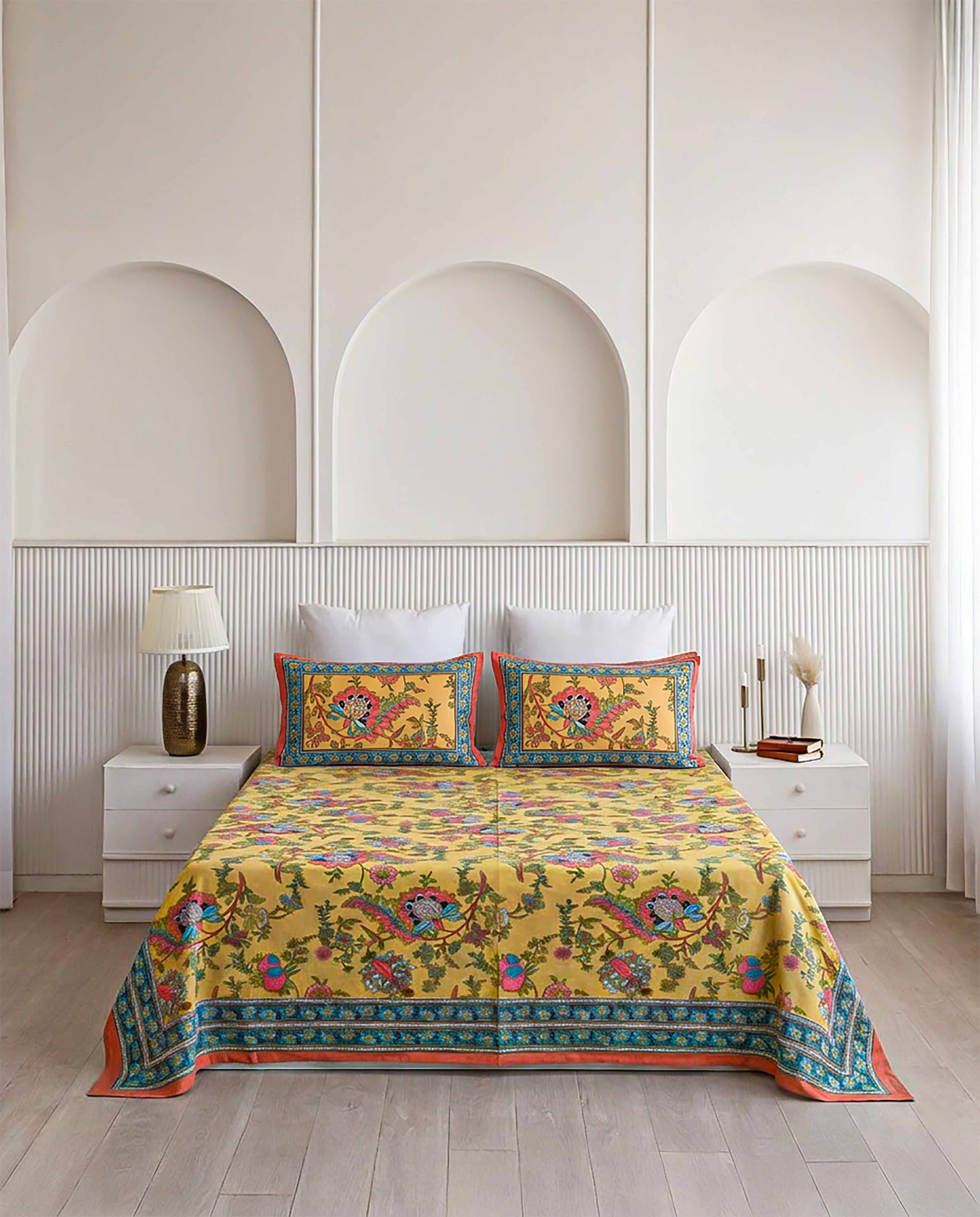 Gul-e-Bahar Vibrant Floral Mustard Yellow Double Bedsheet